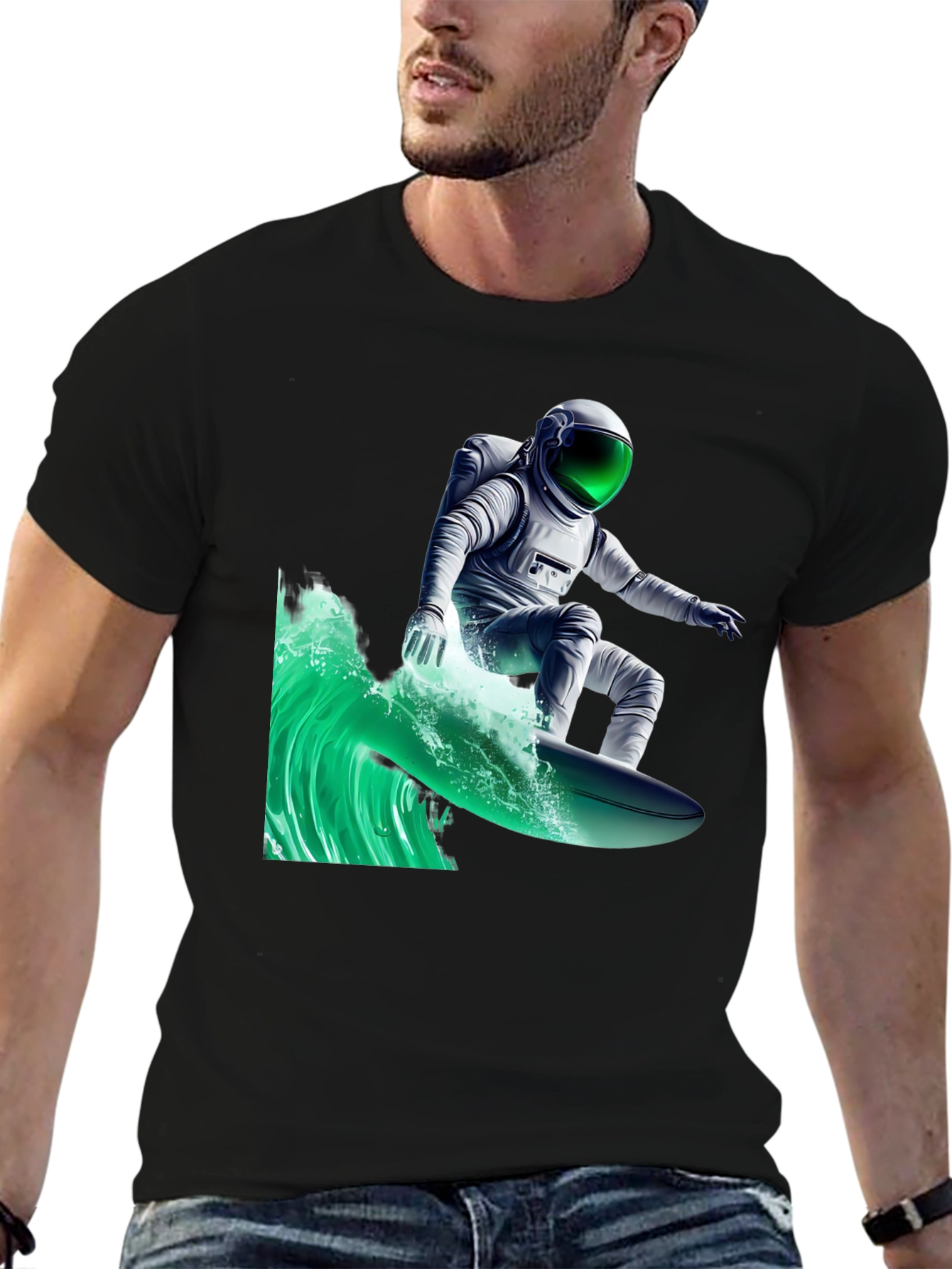 Surfing Astronaut Graphic Tee - Black Cotton Comfort