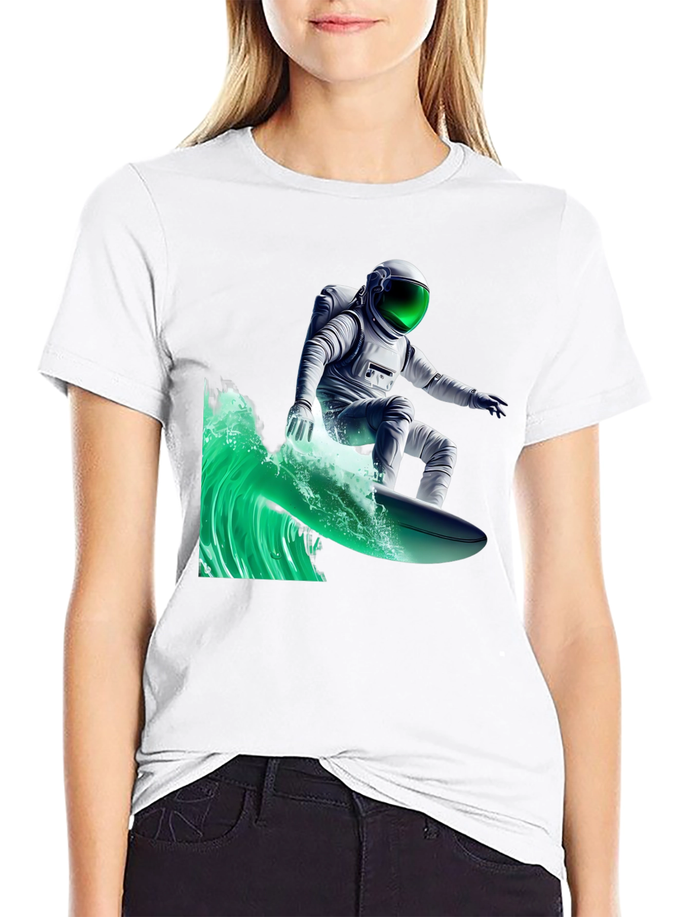 Surfing Astronaut Graphic Tee - Black Cotton Comfort