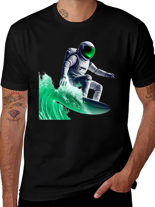 Surfing Astronaut Graphic Tee - Black Cotton Comfort