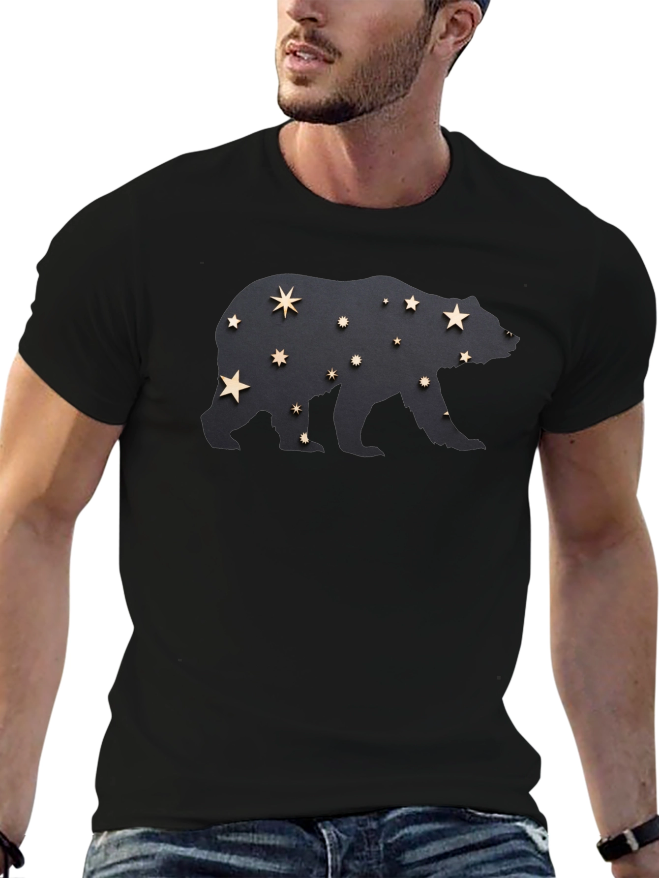 Starry Bear Graphic Tee - Black Cotton Comfort
