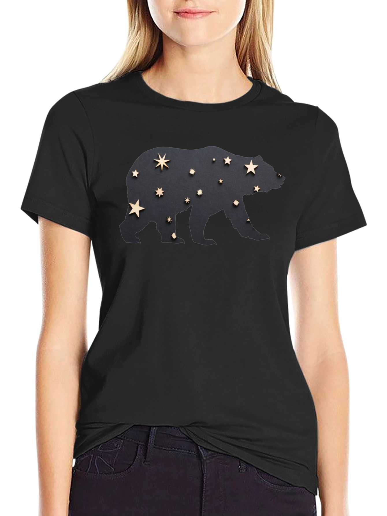 Starry Bear Graphic Tee - Black Cotton Comfort