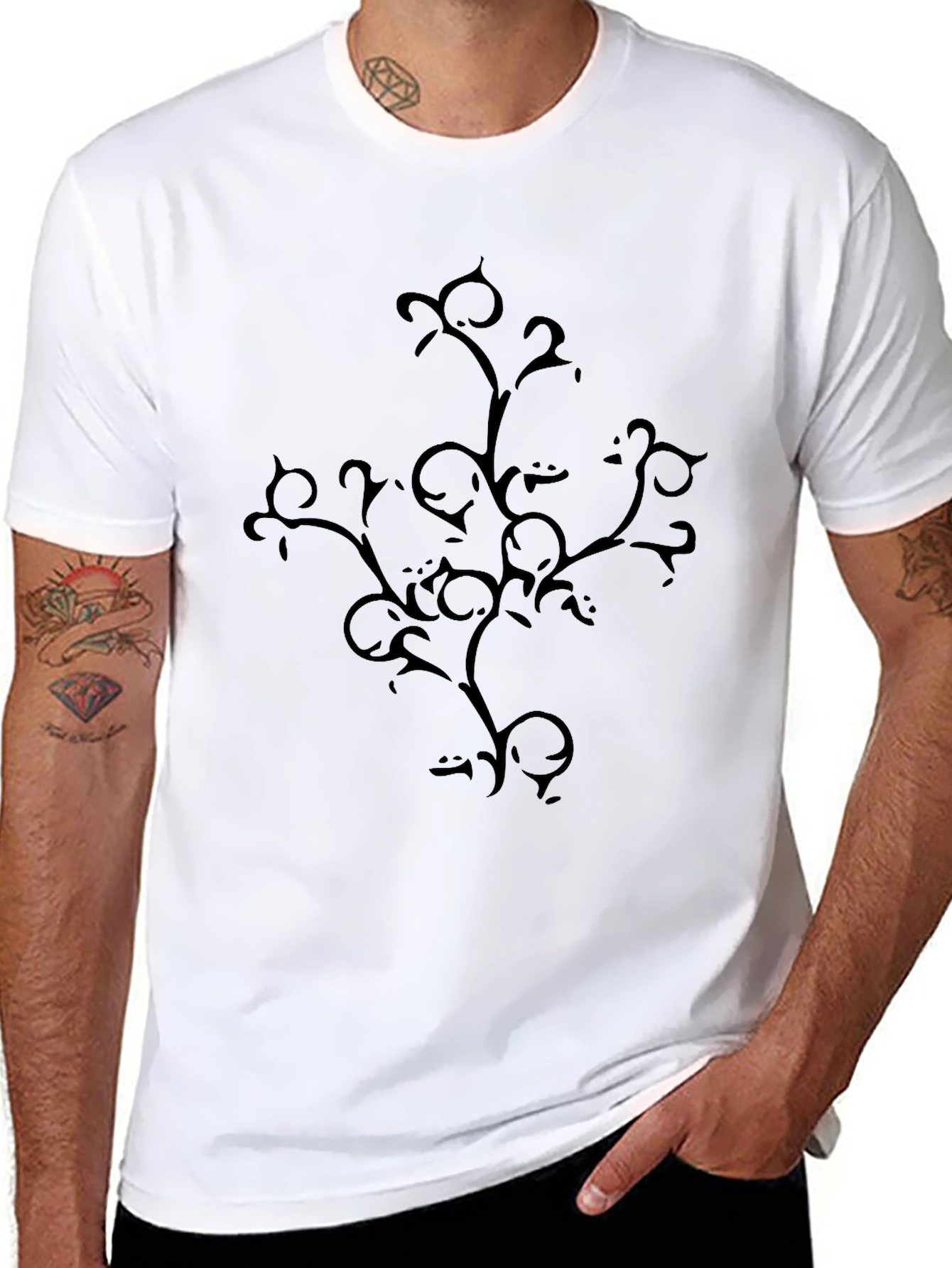 Black Tee with Abstract Vine Design