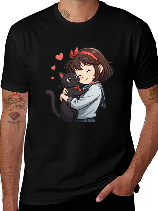 Anime Girl & Cat Graphic Tee - Black Cotton T-Shirt
