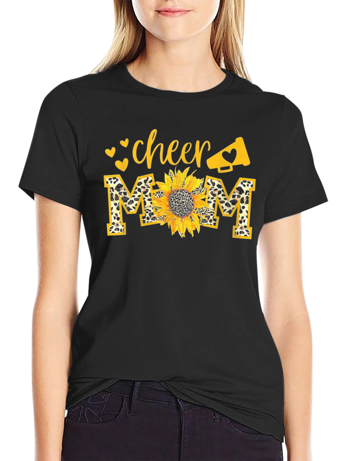 Cheer Mom Sunflower Graphic Tee - Black