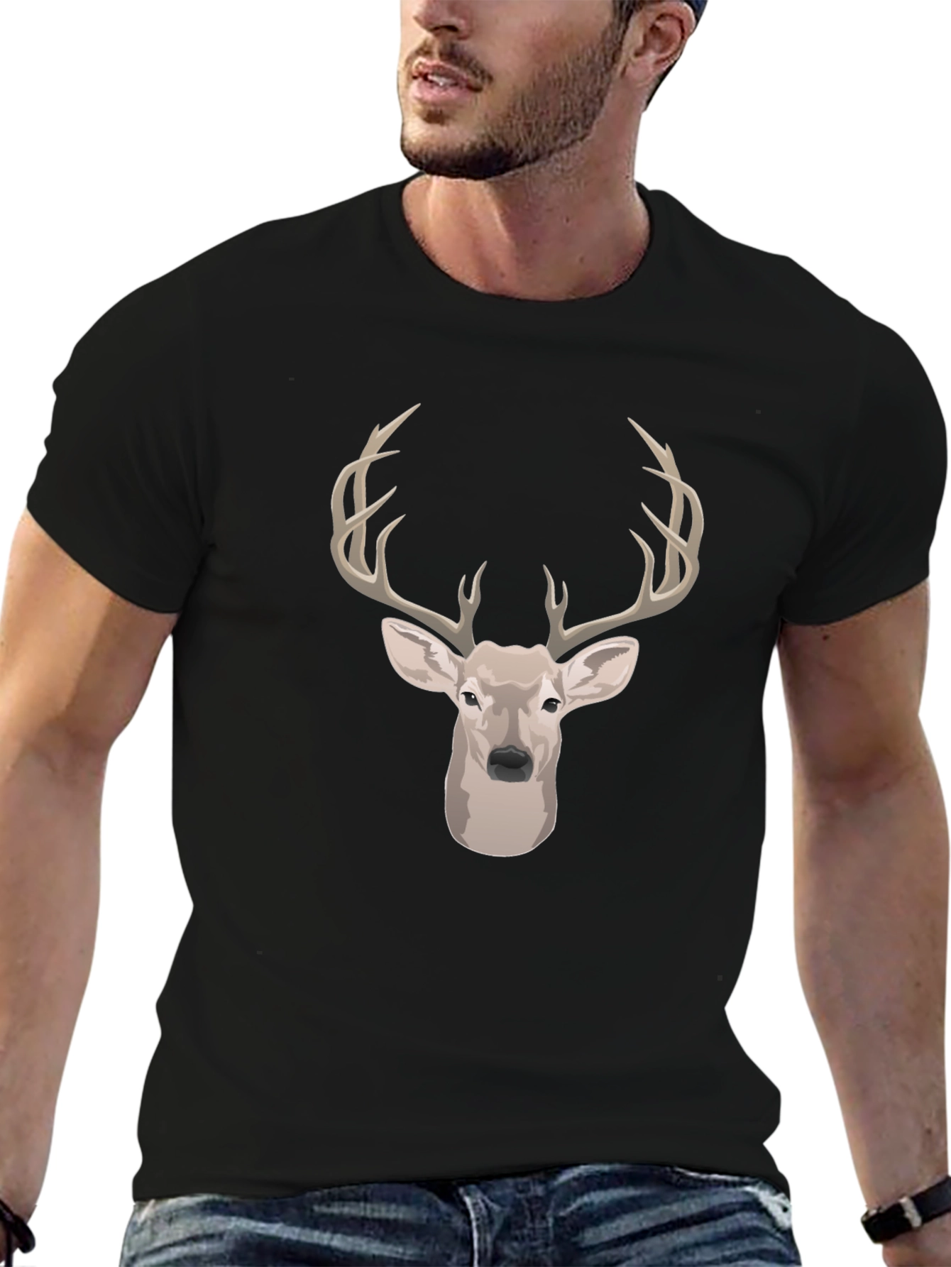 Deer Head Graphic Print Black T-Shirt