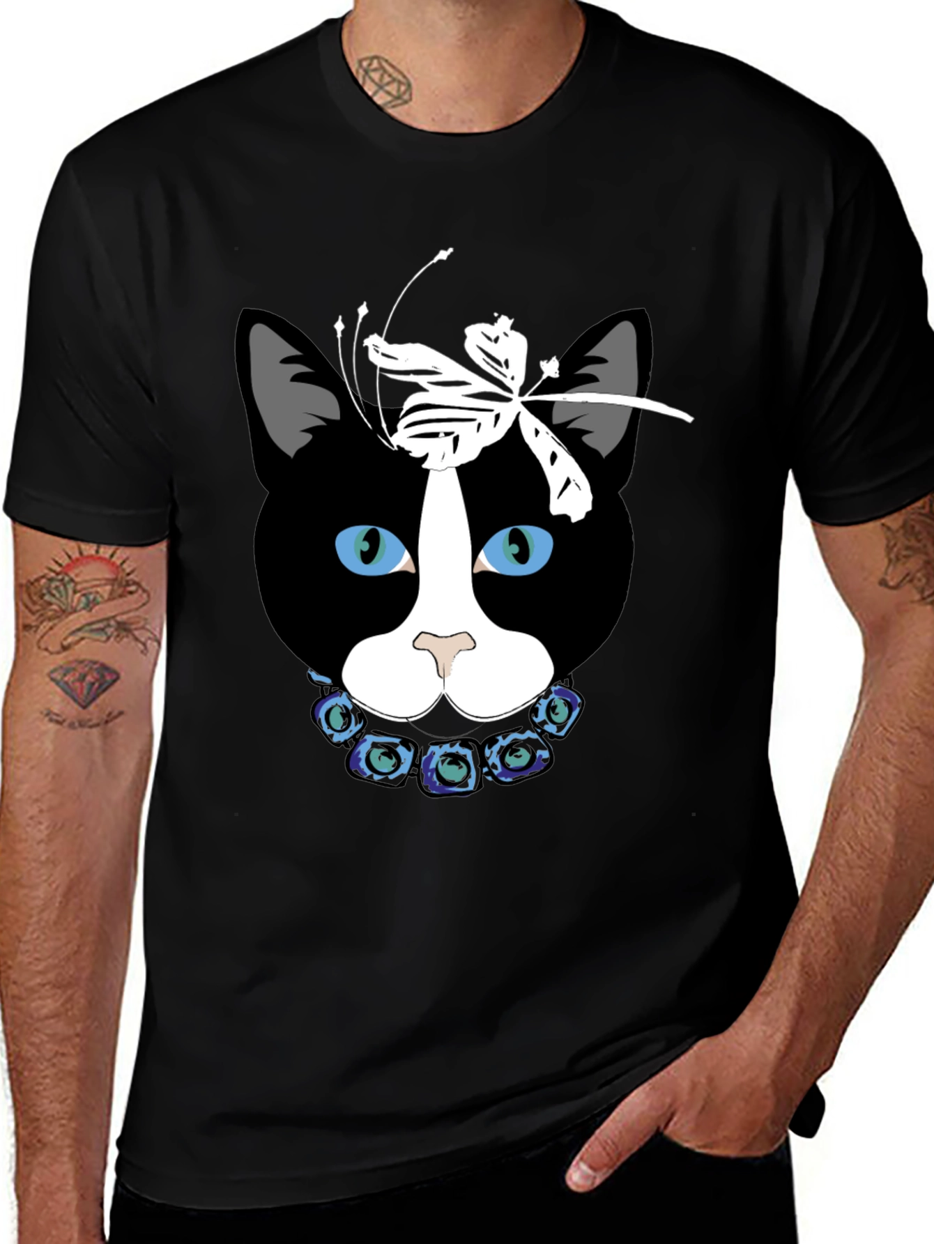 Cat Face T-Shirt with Dragonfly Bow and Flower Collar