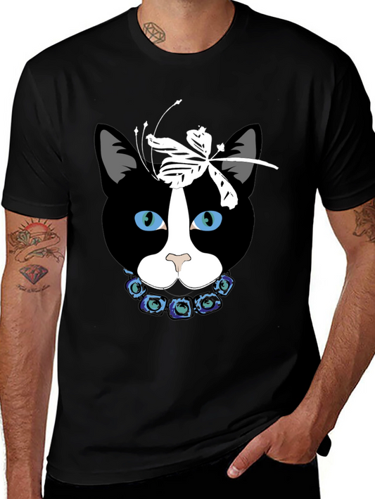 Cat Face T-Shirt with Dragonfly Bow and Flower Collar