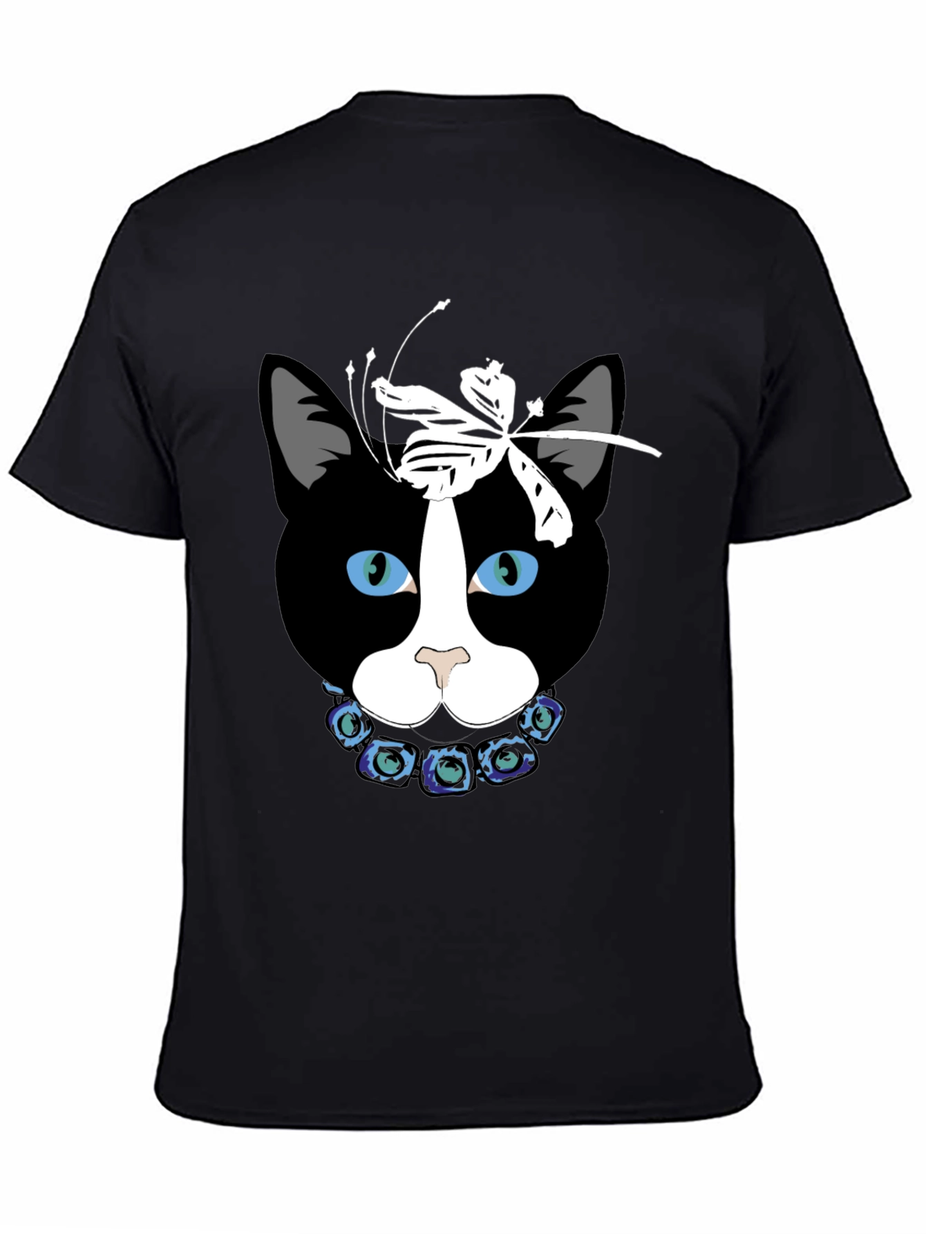 Cat Face T-Shirt with Dragonfly Bow and Flower Collar