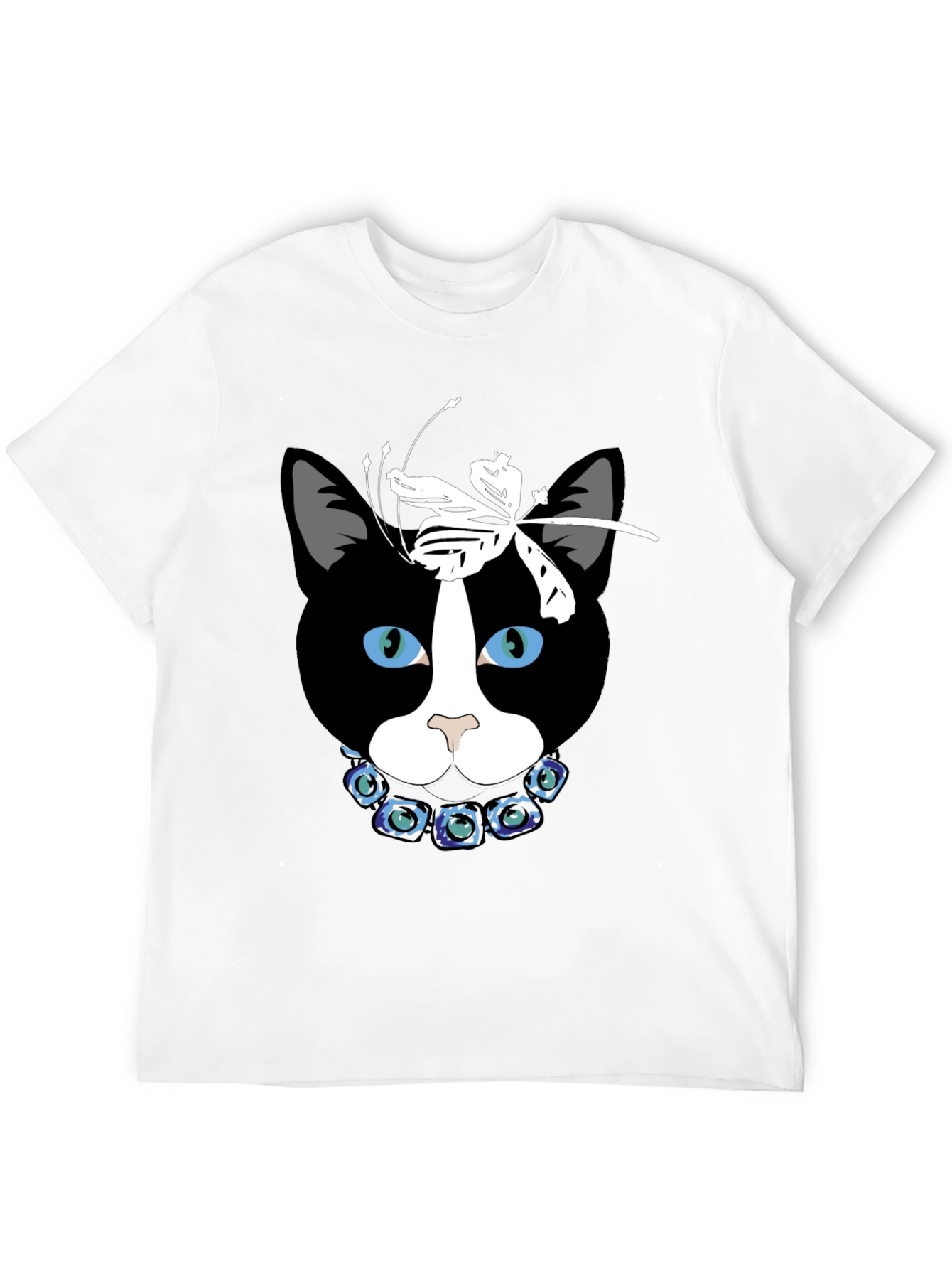 Cat Face T-Shirt with Dragonfly Bow and Flower Collar