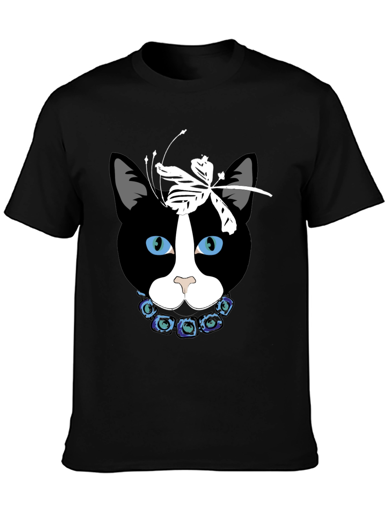 Cat Face T-Shirt with Dragonfly Bow and Flower Collar