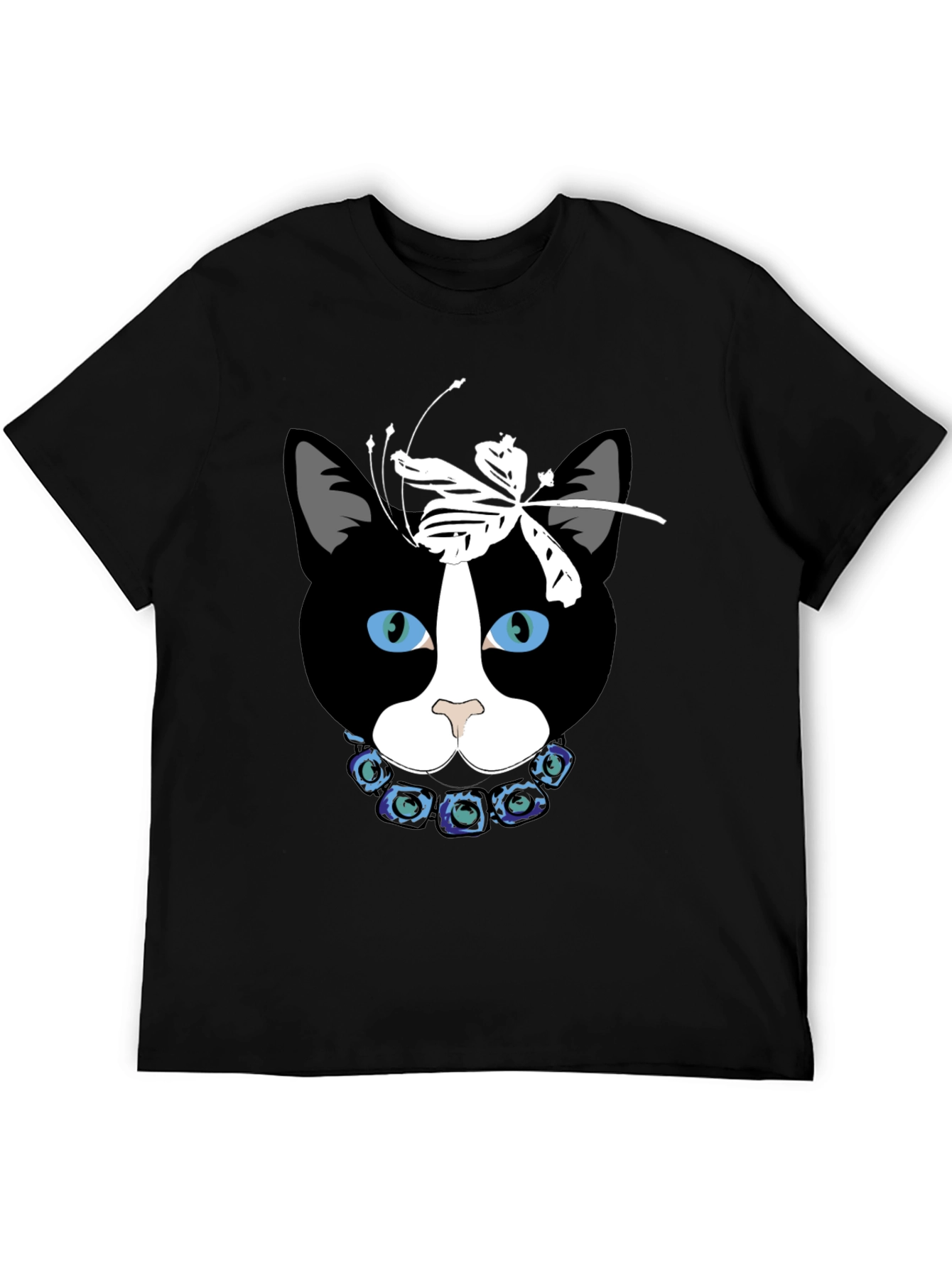Cat Face T-Shirt with Dragonfly Bow and Flower Collar
