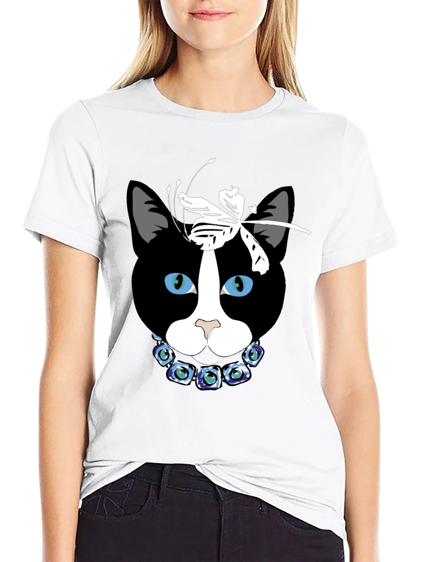 Cat Face T-Shirt with Dragonfly Bow and Flower Collar