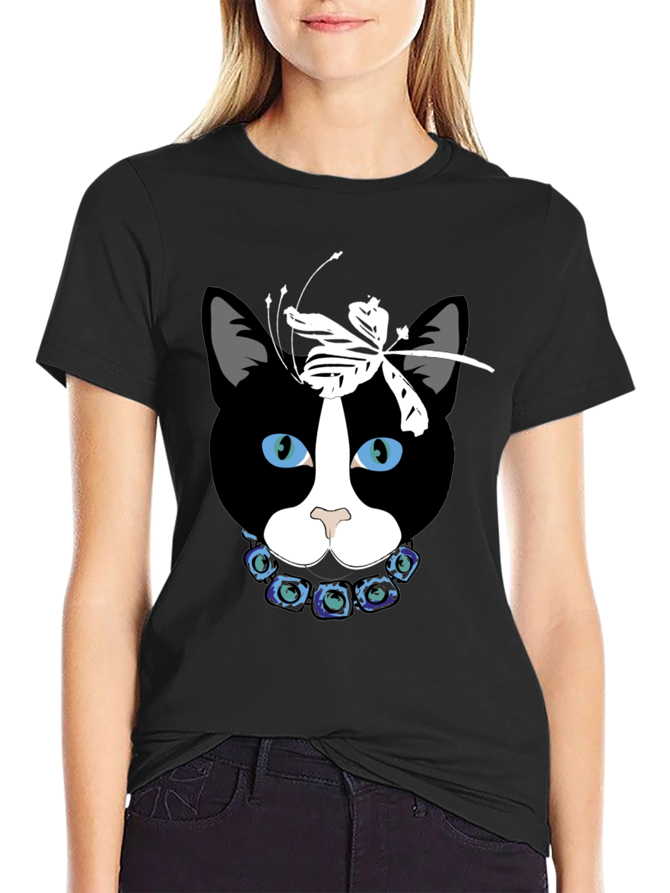 Cat Face T-Shirt with Dragonfly Bow and Flower Collar