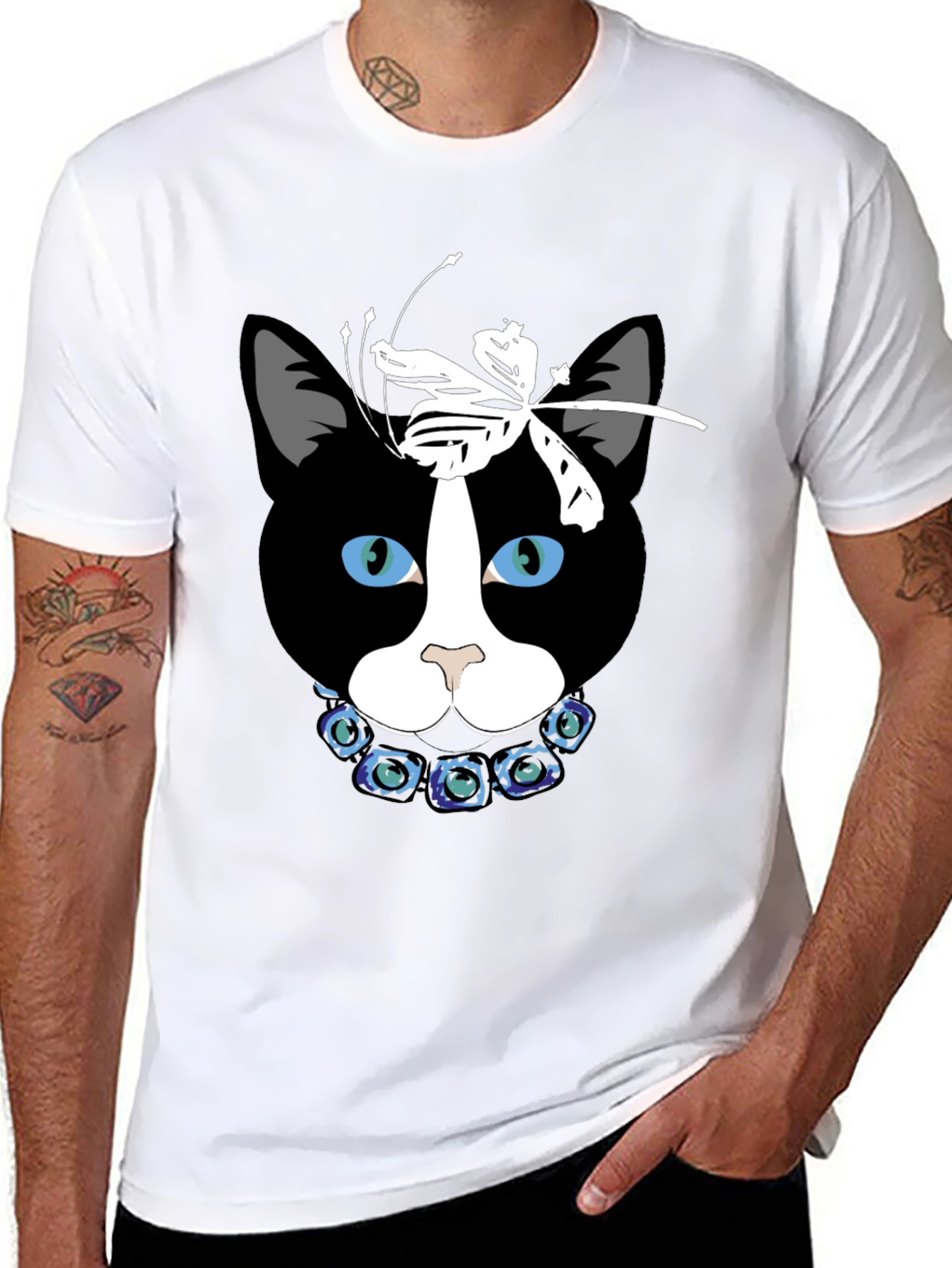 Cat Face T-Shirt with Dragonfly Bow and Flower Collar
