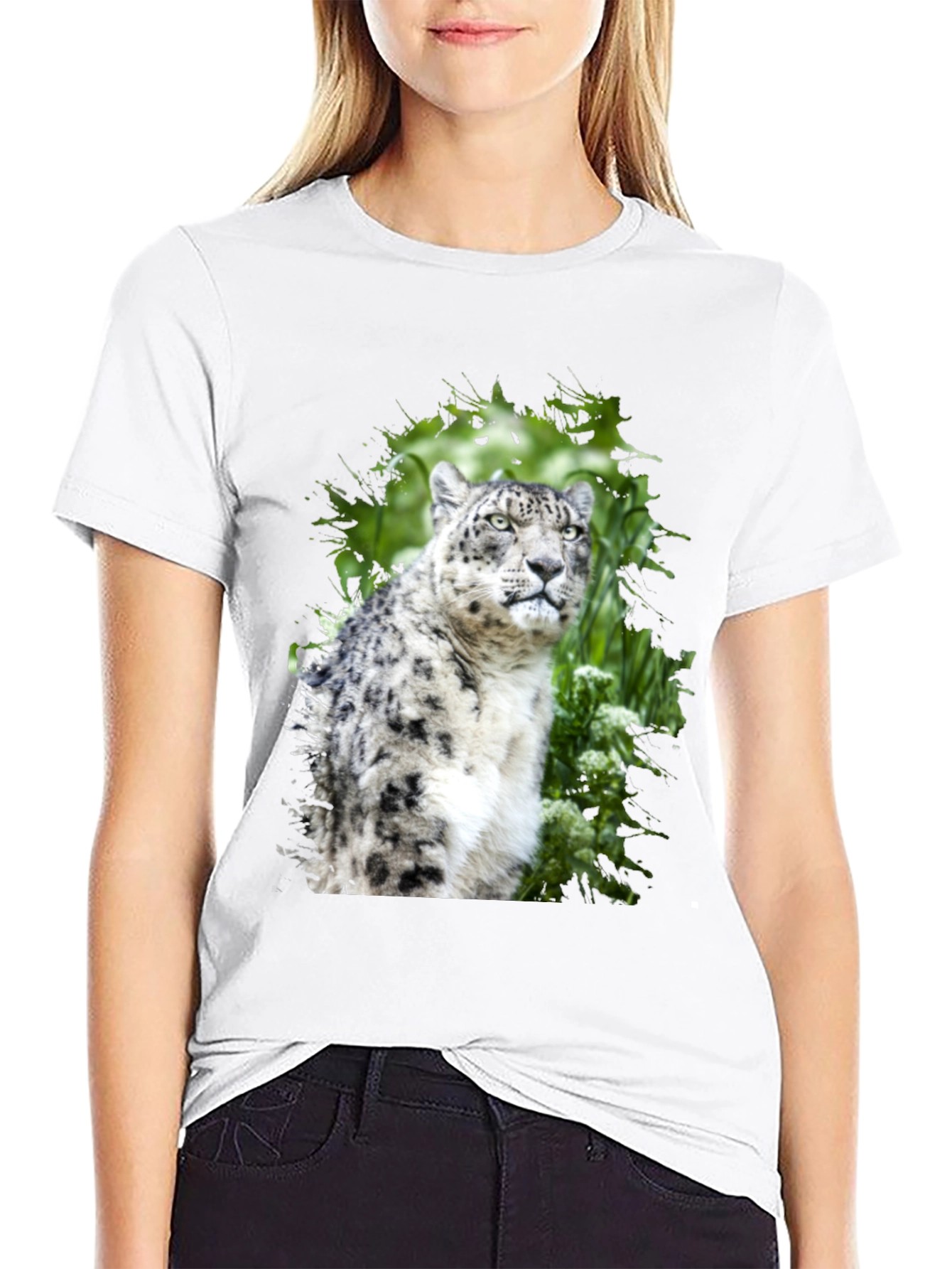 Snow Leopard Graphic Tee - Black Cotton T-Shirt