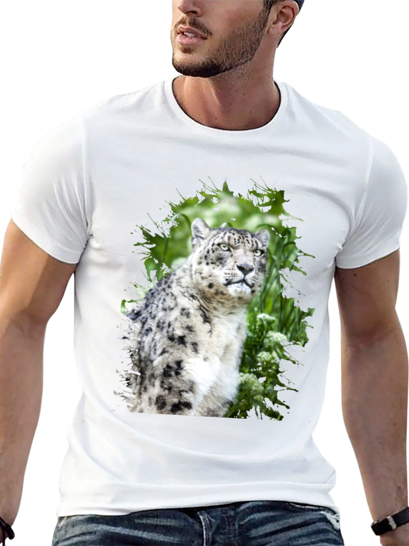 Snow Leopard Graphic Tee - Black Cotton T-Shirt