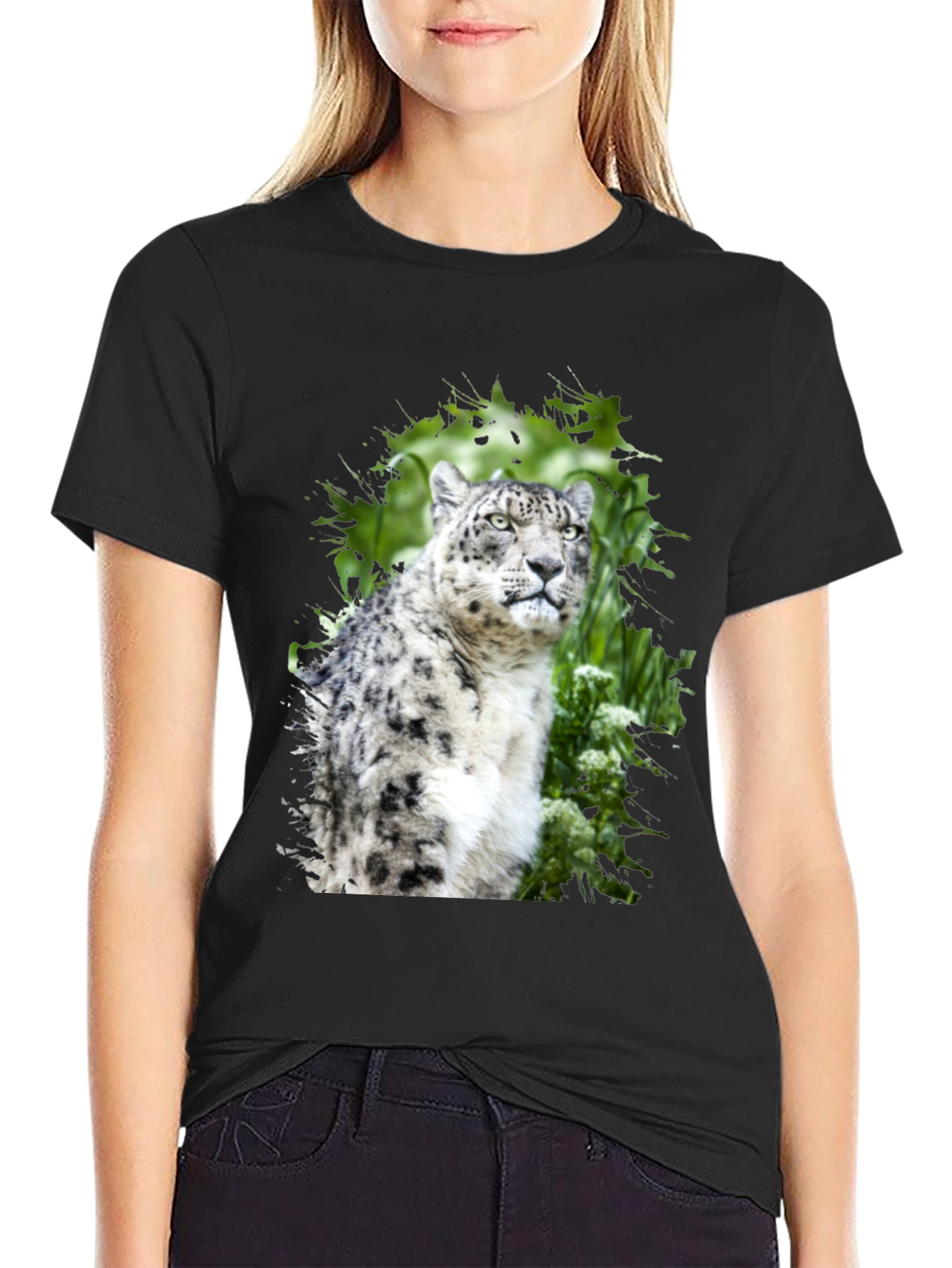 Snow Leopard Graphic Tee - Black Cotton T-Shirt