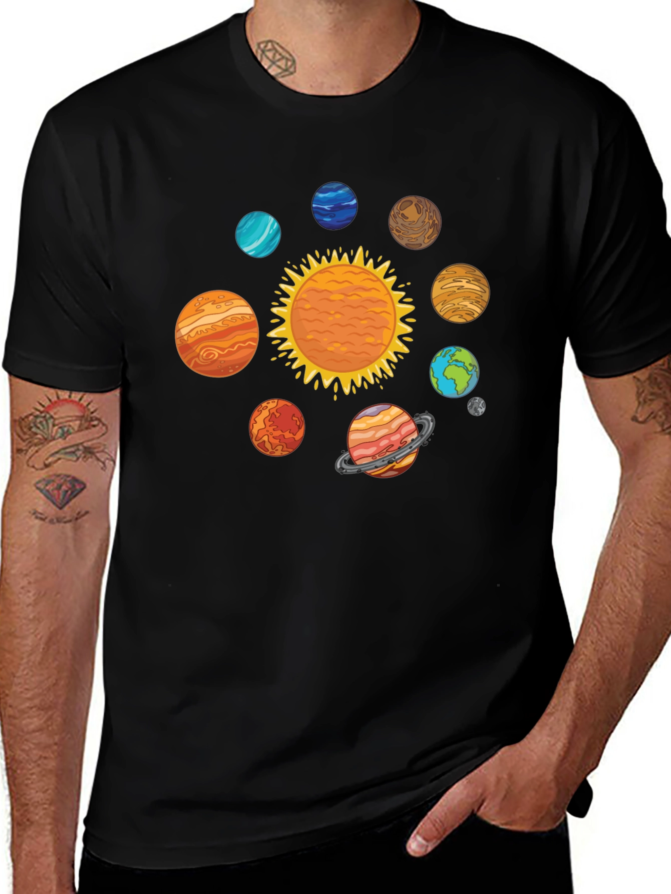 Solar System Planets Graphic Print Black T-Shirt