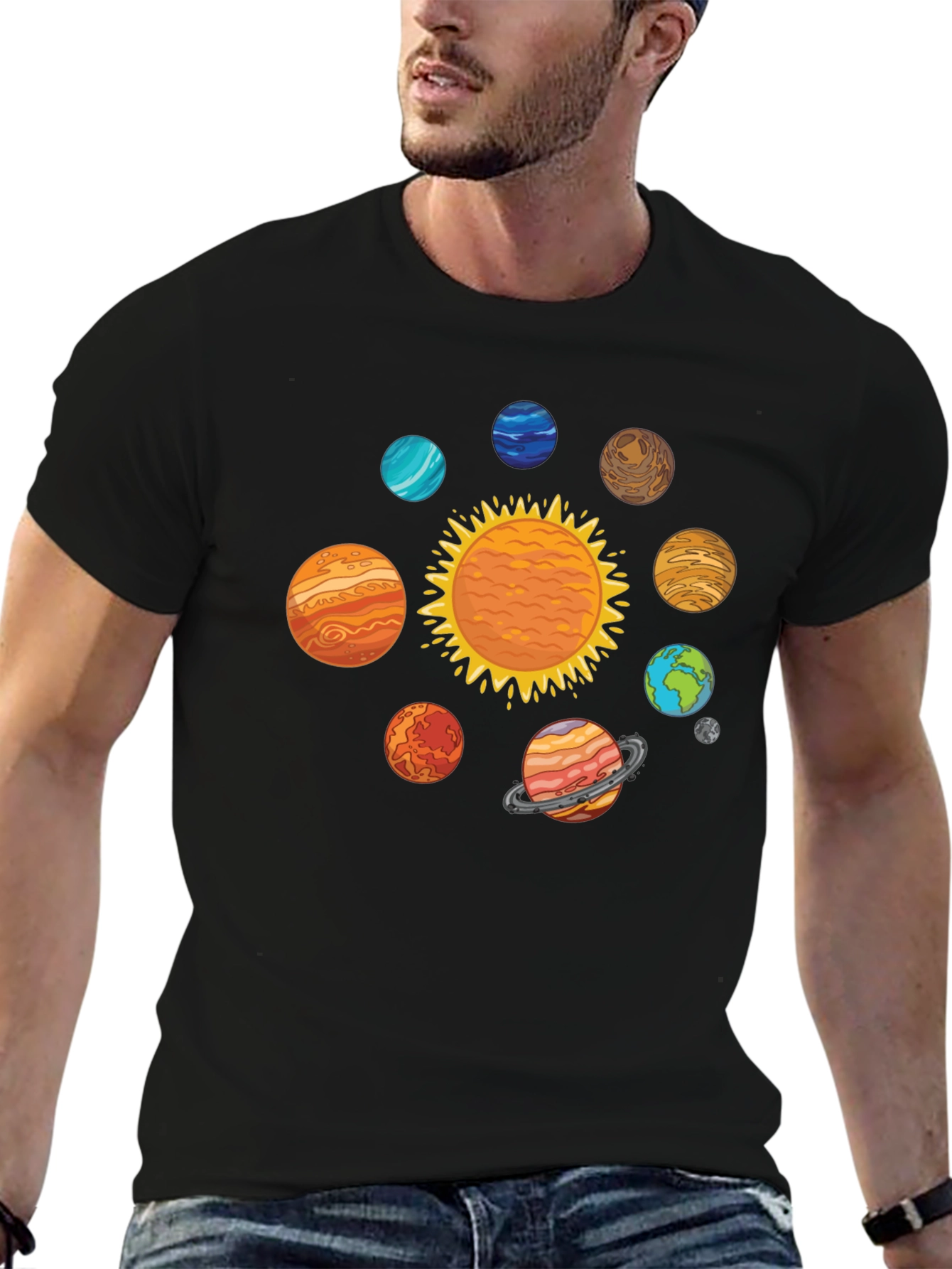 Solar System Planets Graphic Print Black T-Shirt