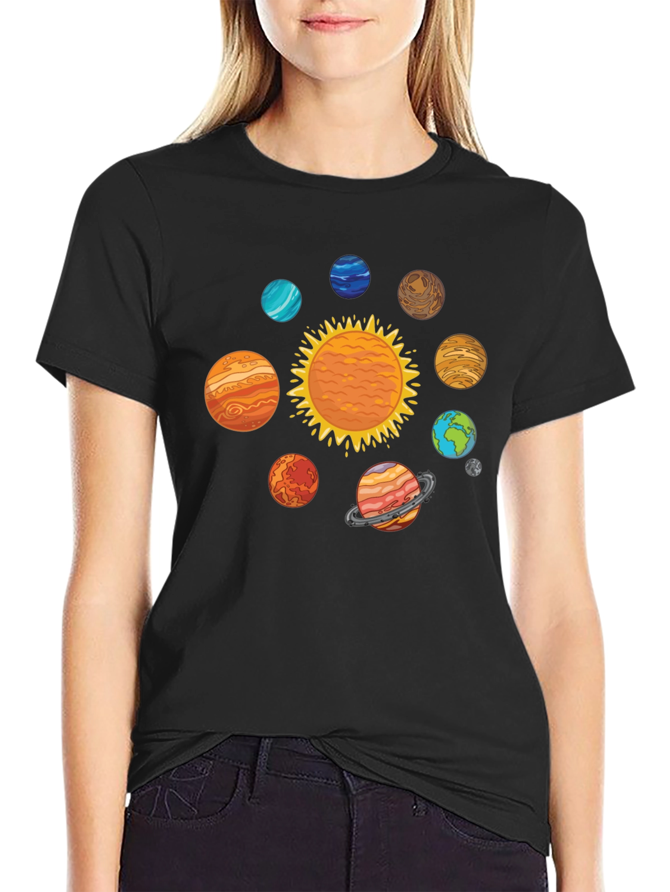Solar System Planets Graphic Print Black T-Shirt