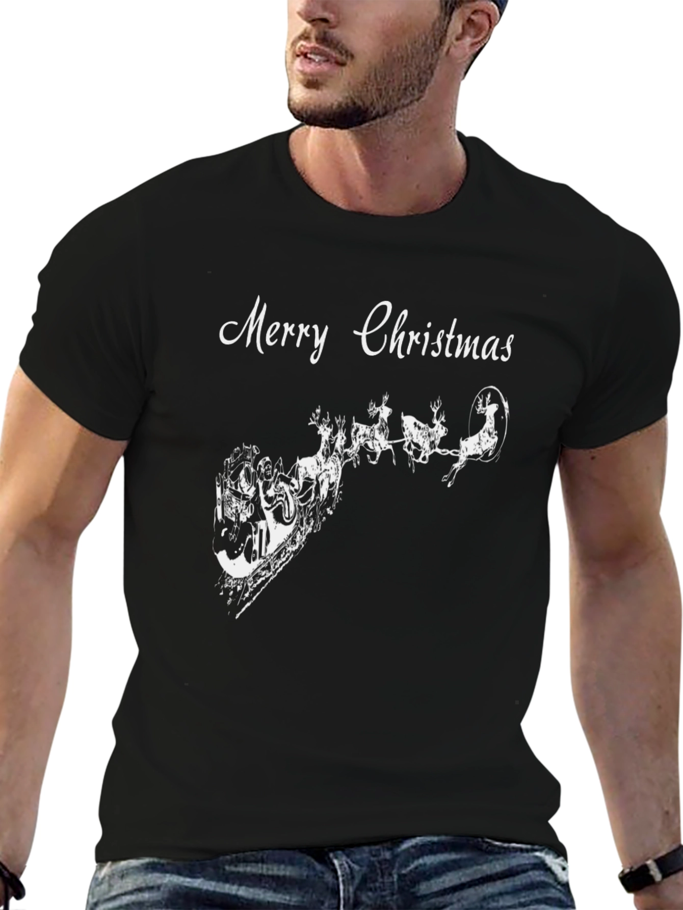 Merry Christmas Santa Reindeer Black T-Shirt