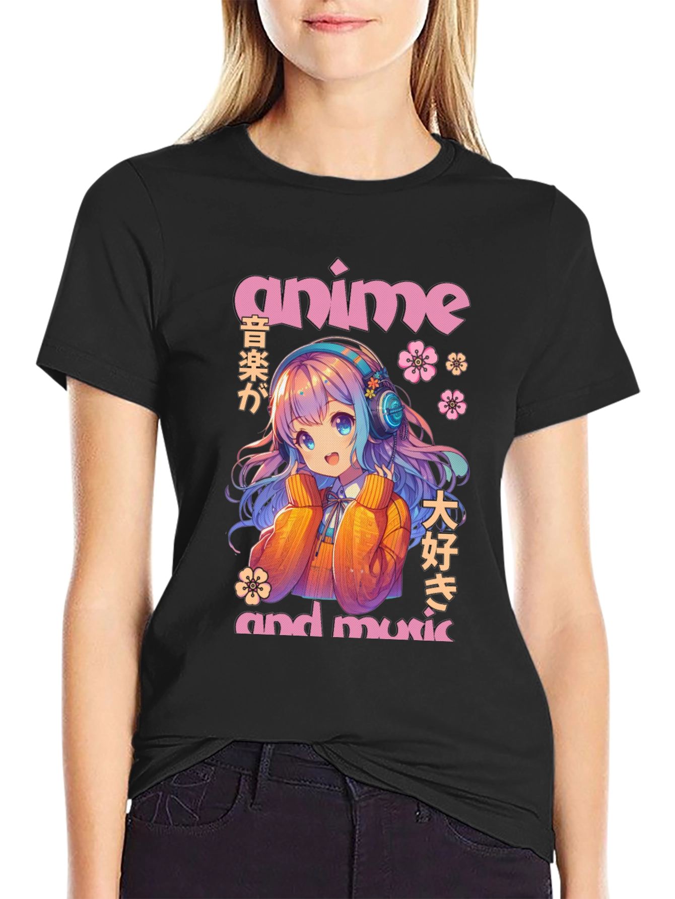 Anime & Music Graphic T-Shirt - Cute Anime Girl