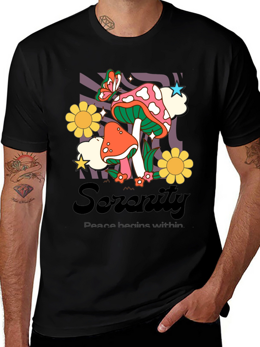 Serenity Mushroom Graphic Tee - Peace Within Black T-Shirt