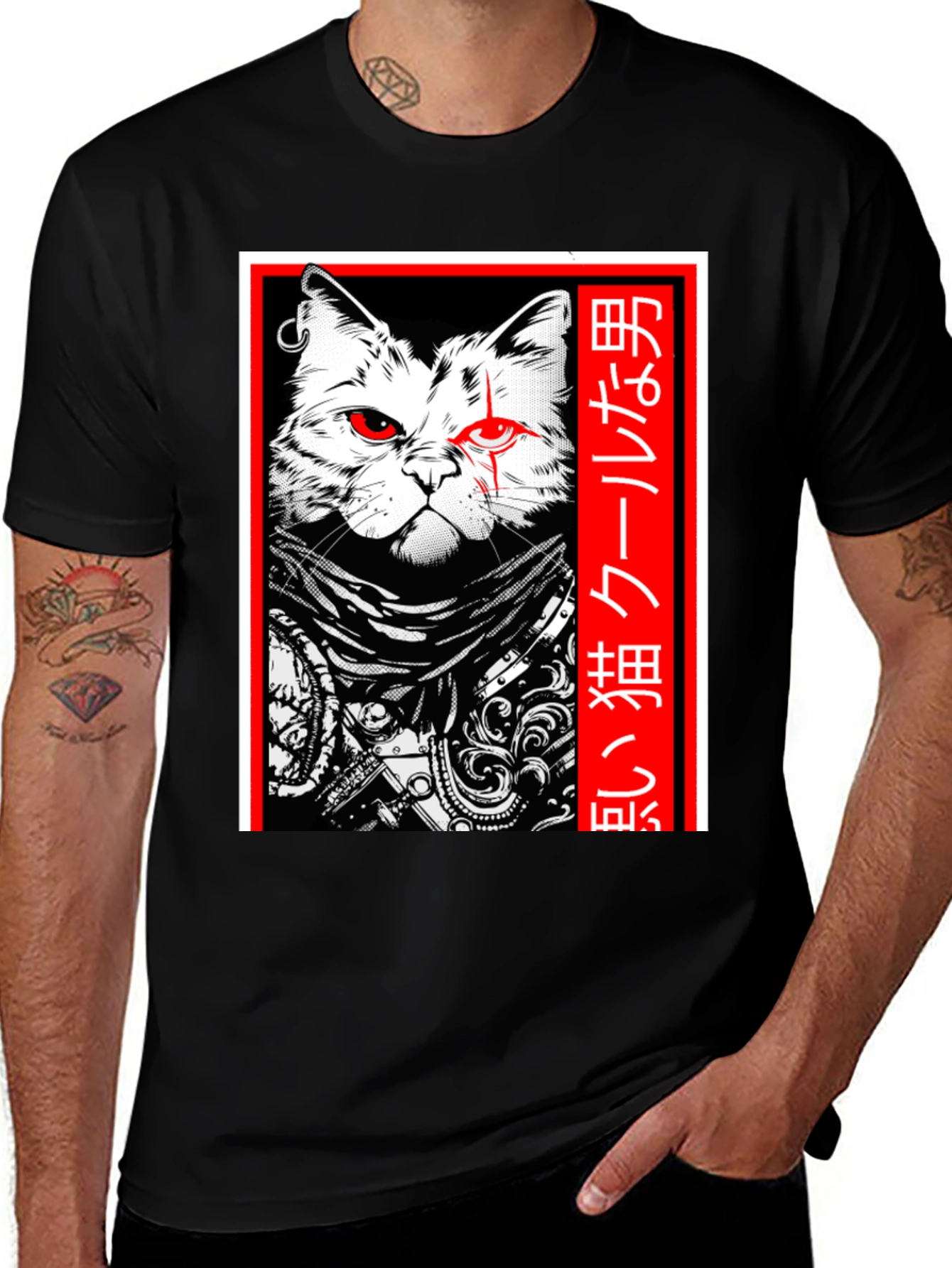Cool Cat Japanese Style Black T-Shirt