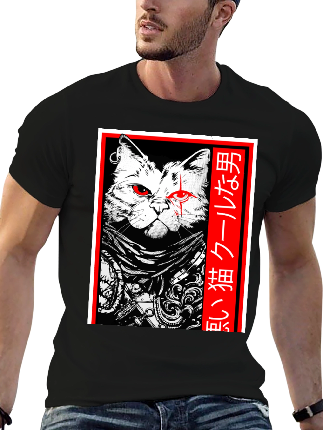 Cool Cat Japanese Style Black T-Shirt