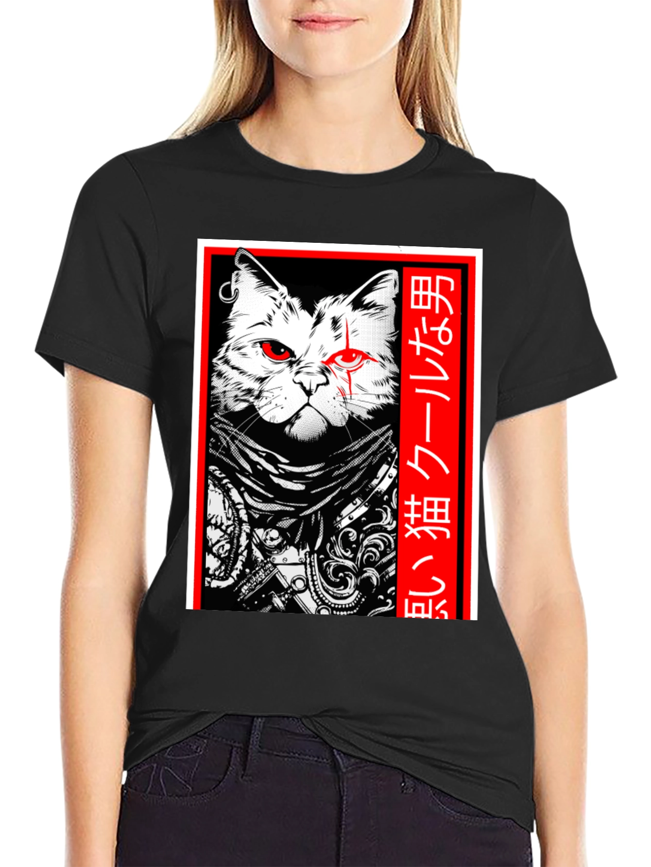 Cool Cat Japanese Style Black T-Shirt