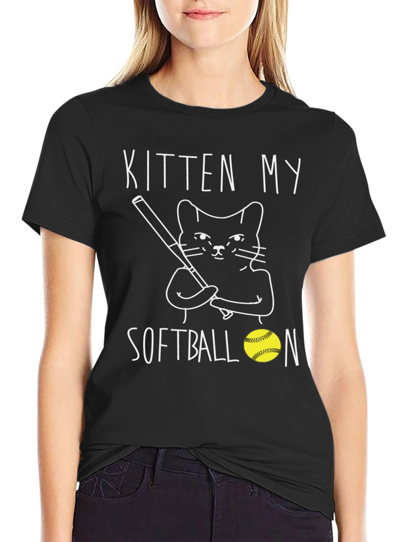Kitten My Softball T-Shirt Black Graphic Tee