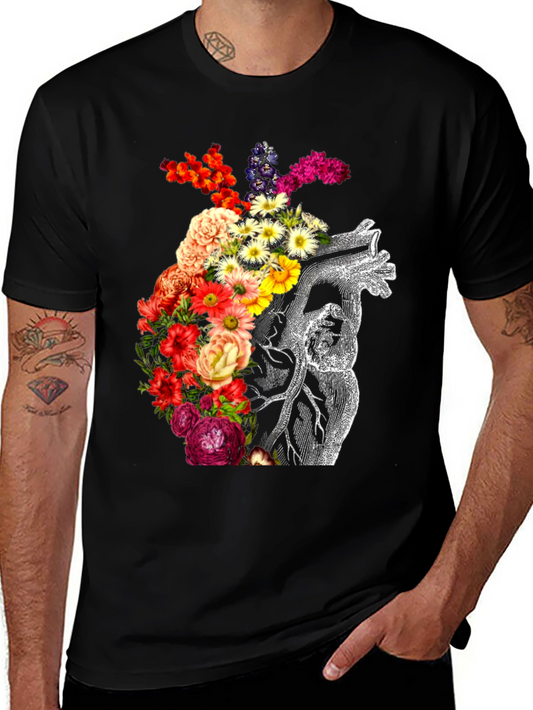 Floral Heart Graphic Black T-Shirt