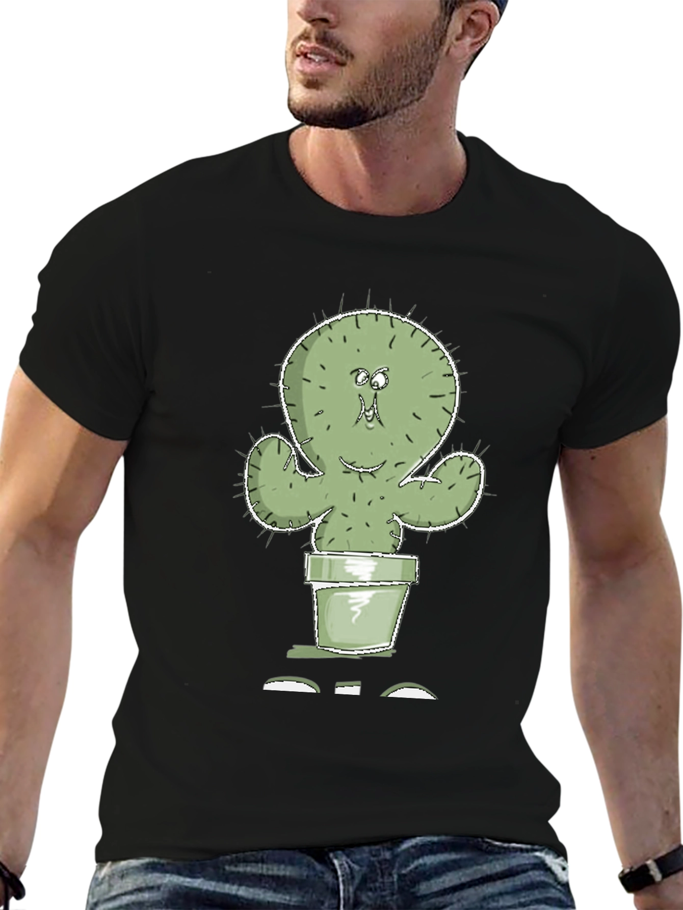 Cartoon Cactus in Pot Graphic Tee - Black