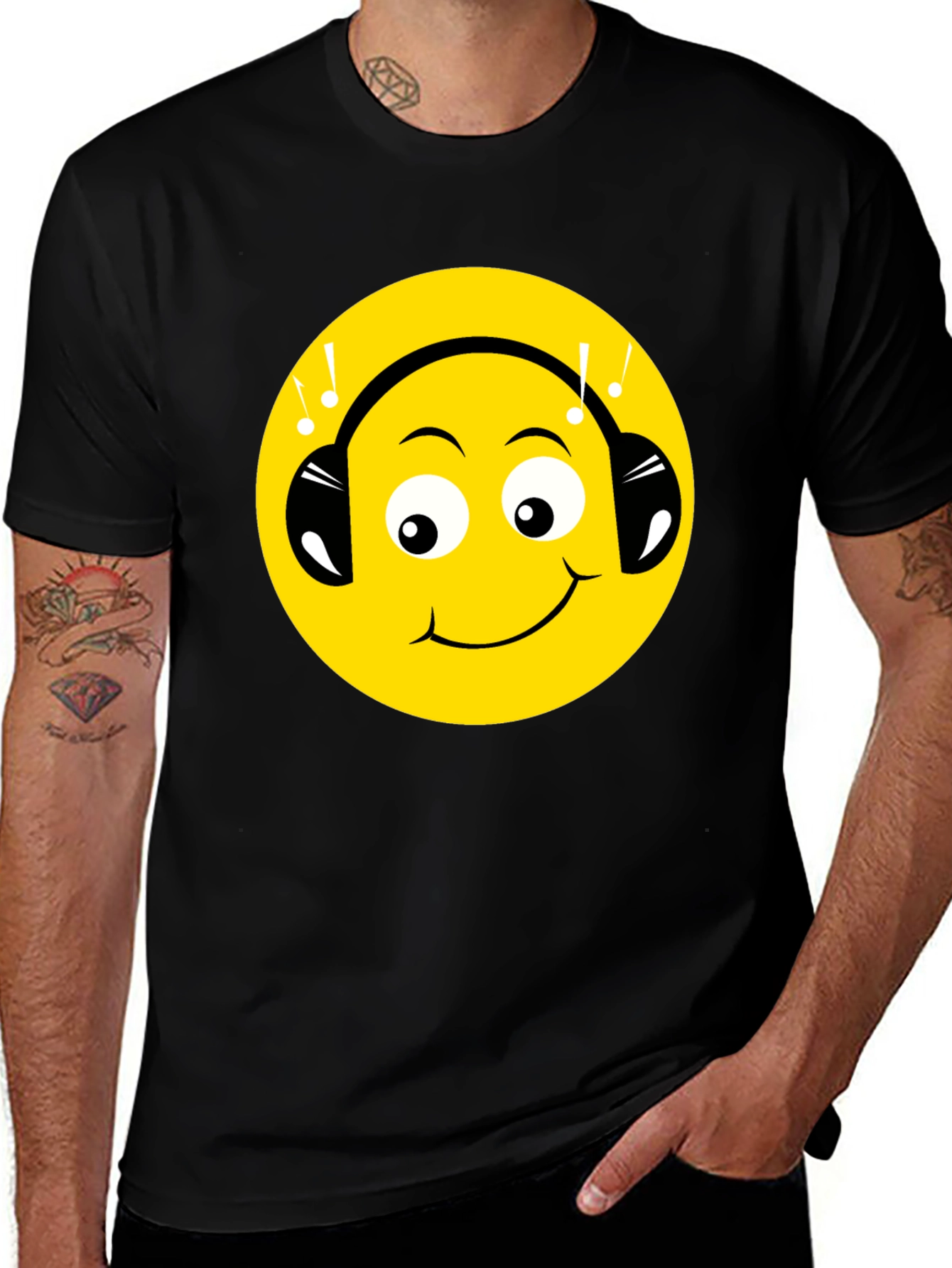 Smiley Face Headphones Graphic Tee - Black