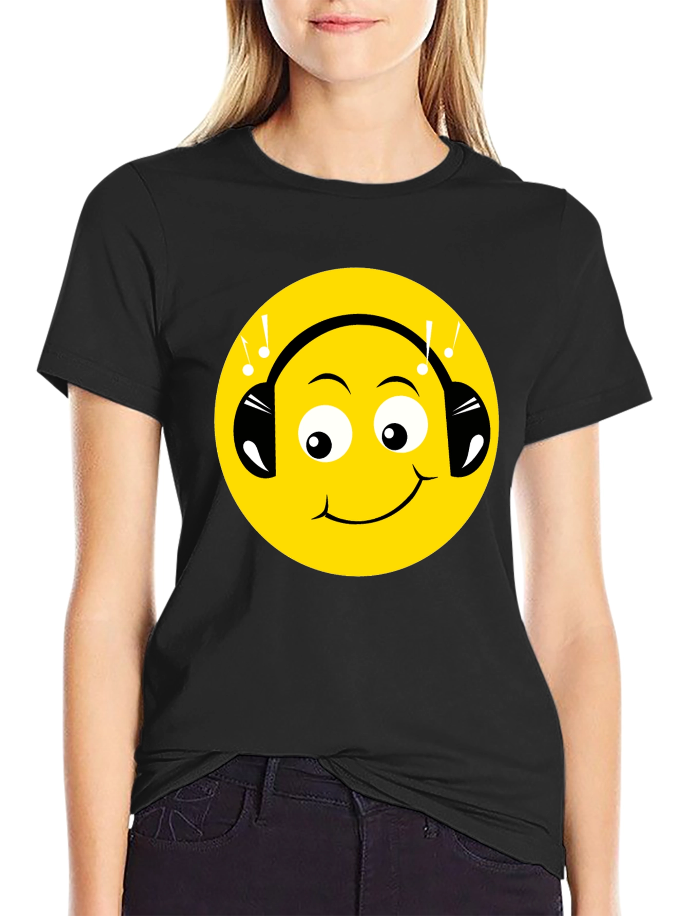 Smiley Face Headphones Graphic Tee - Black