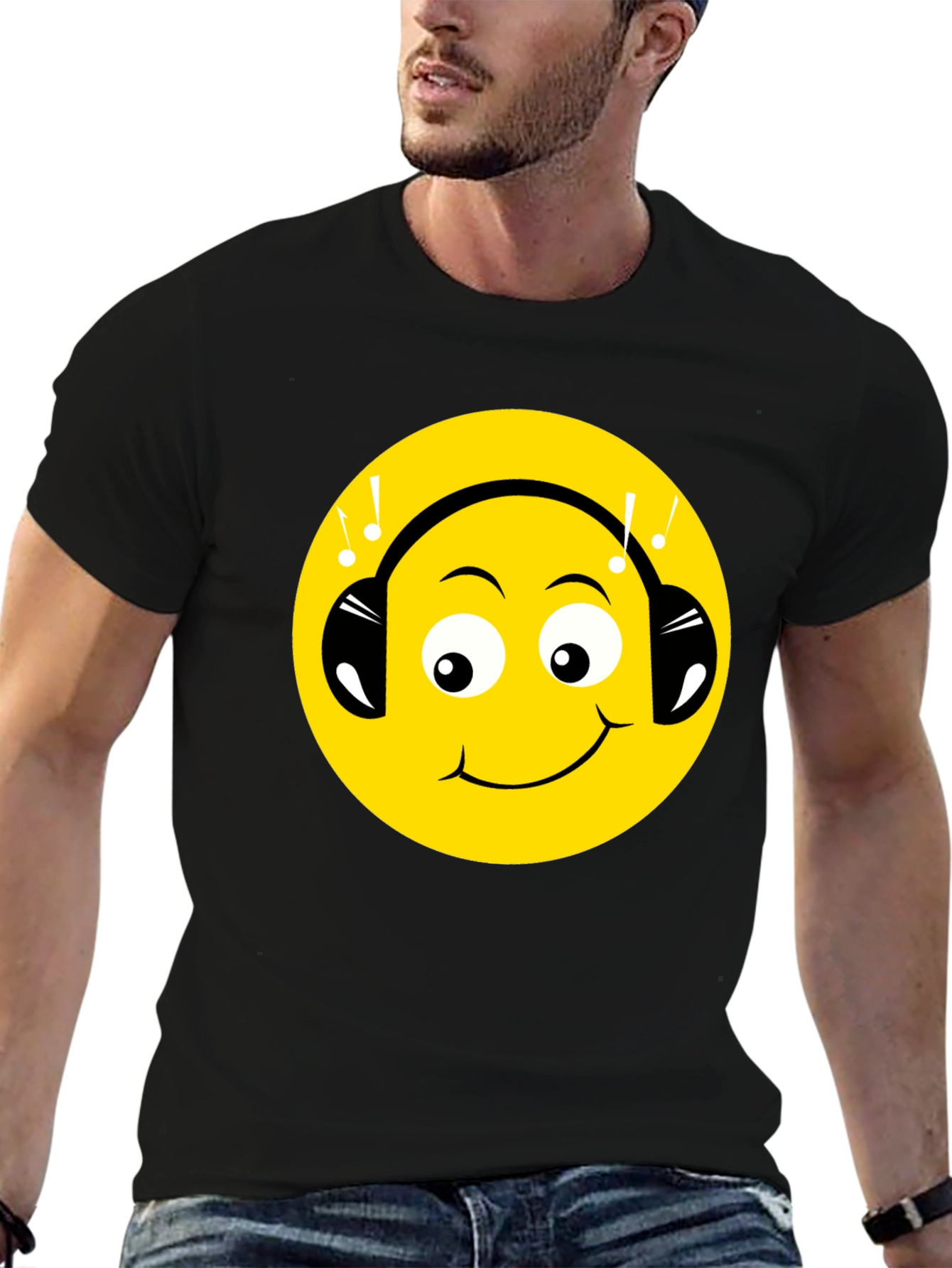 Smiley Face Headphones Graphic Tee - Black