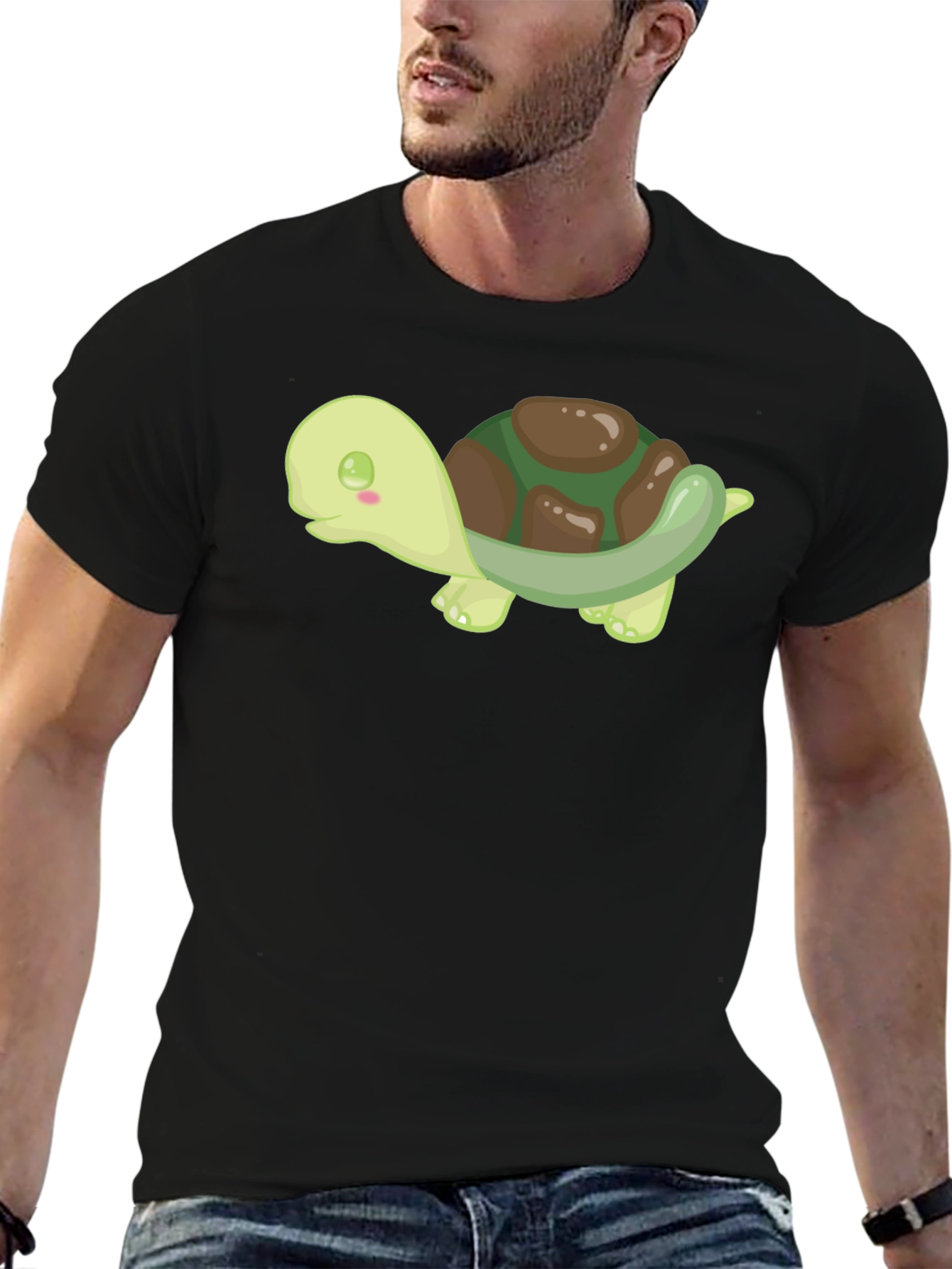 Cute Turtle Graphic Tee - Black Cotton T-Shirt