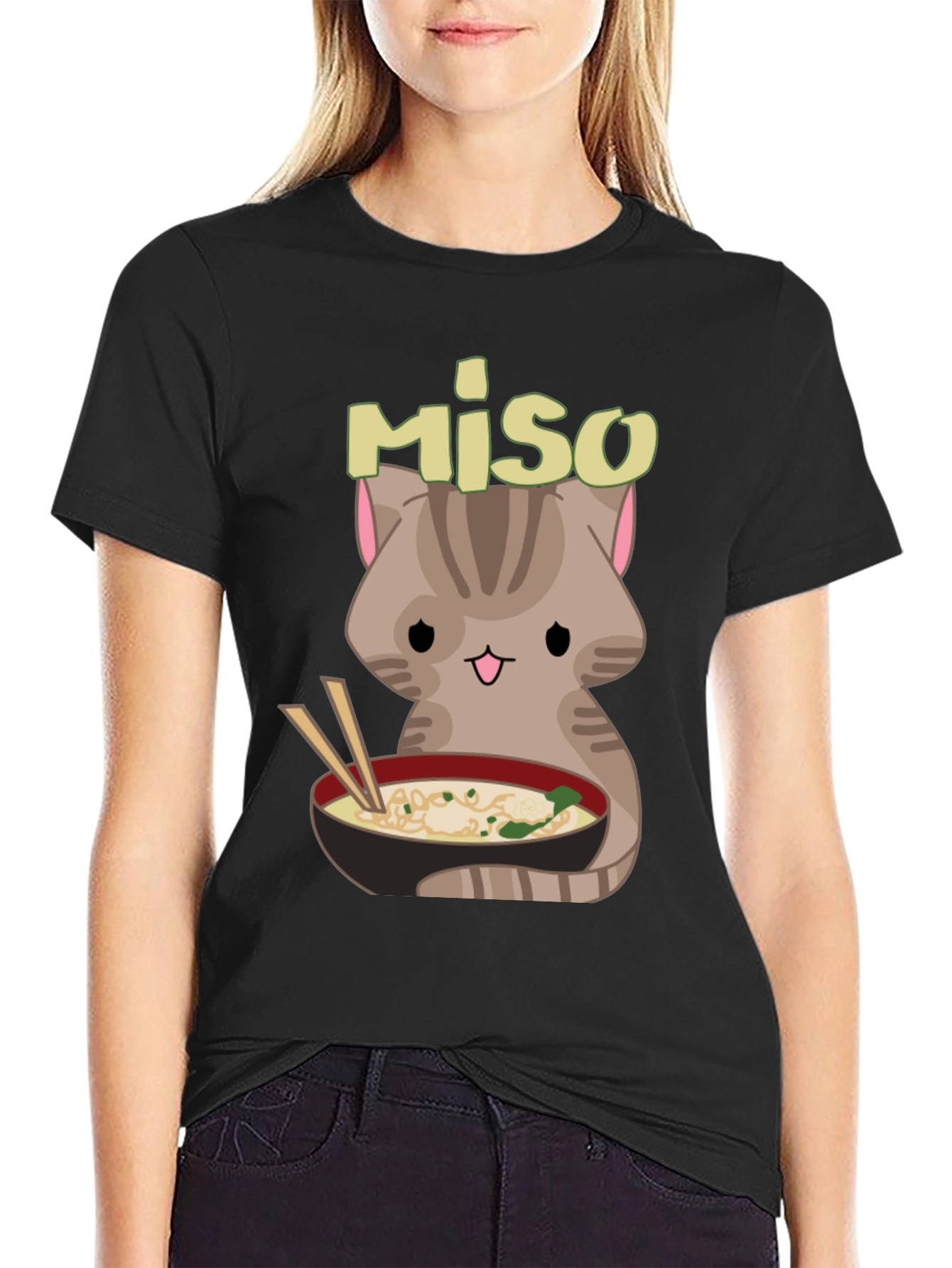 Miso Cute Cat Ramen Bowl Black T-Shirt