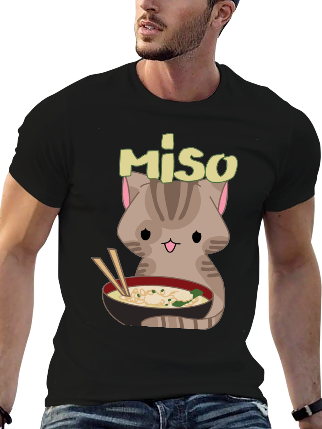 Miso Cute Cat Ramen Bowl Black T-Shirt