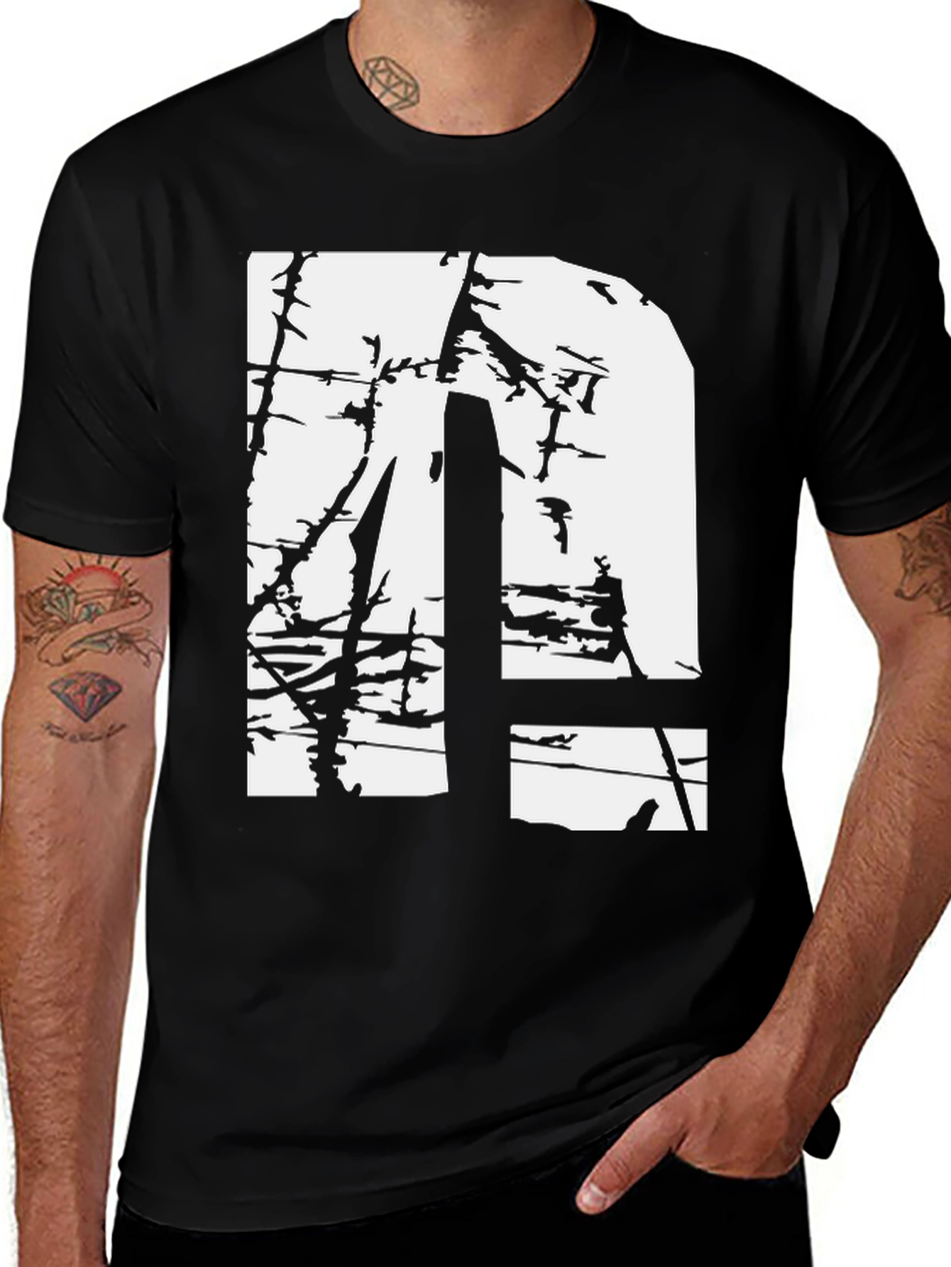 Distressed White Letter N Graphic Black T-Shirt