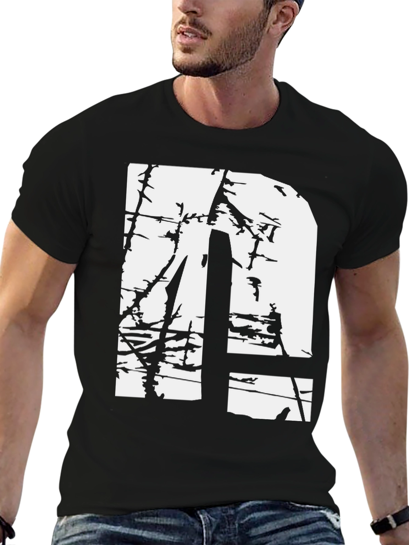 Distressed White Letter N Graphic Black T-Shirt