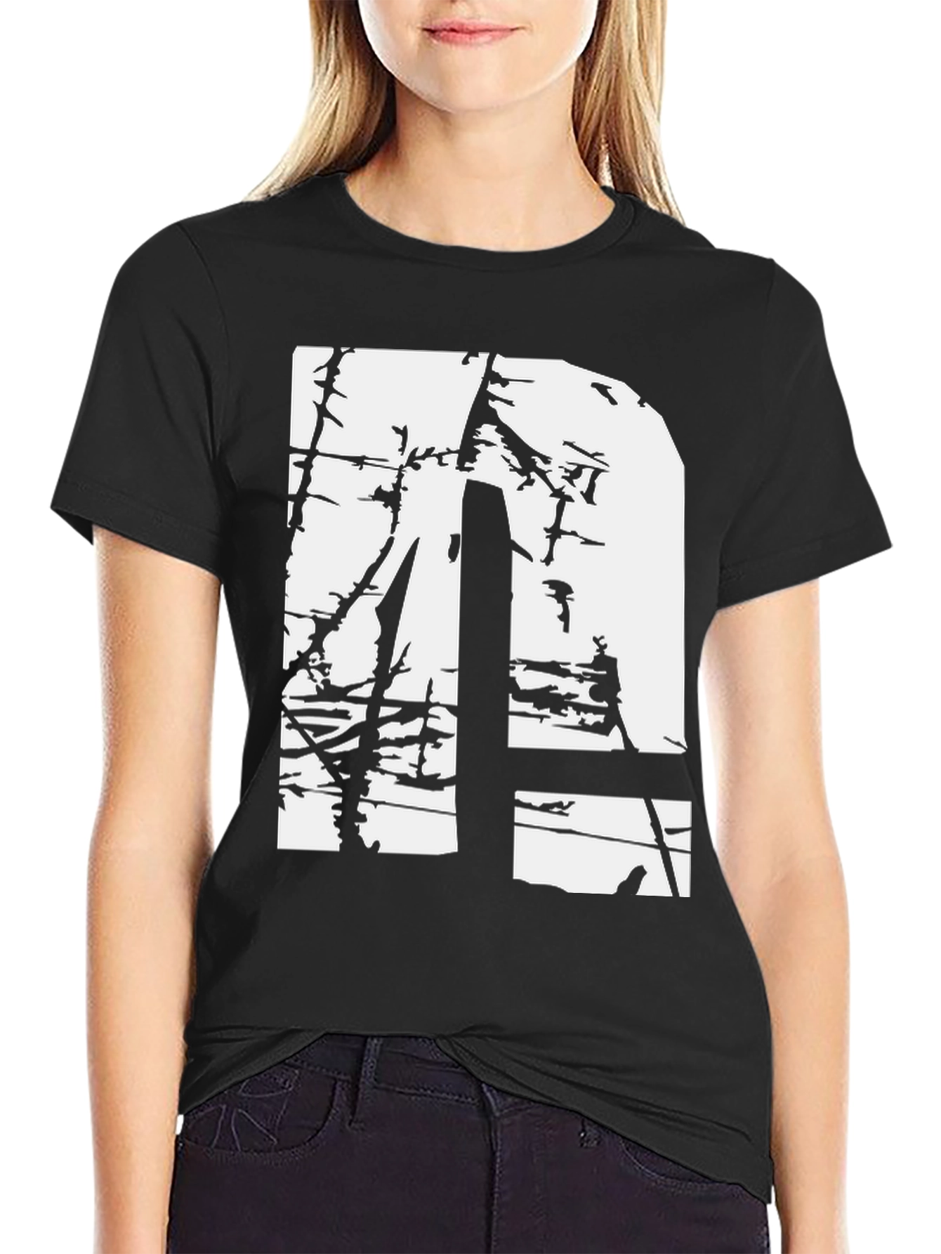Distressed White Letter N Graphic Black T-Shirt
