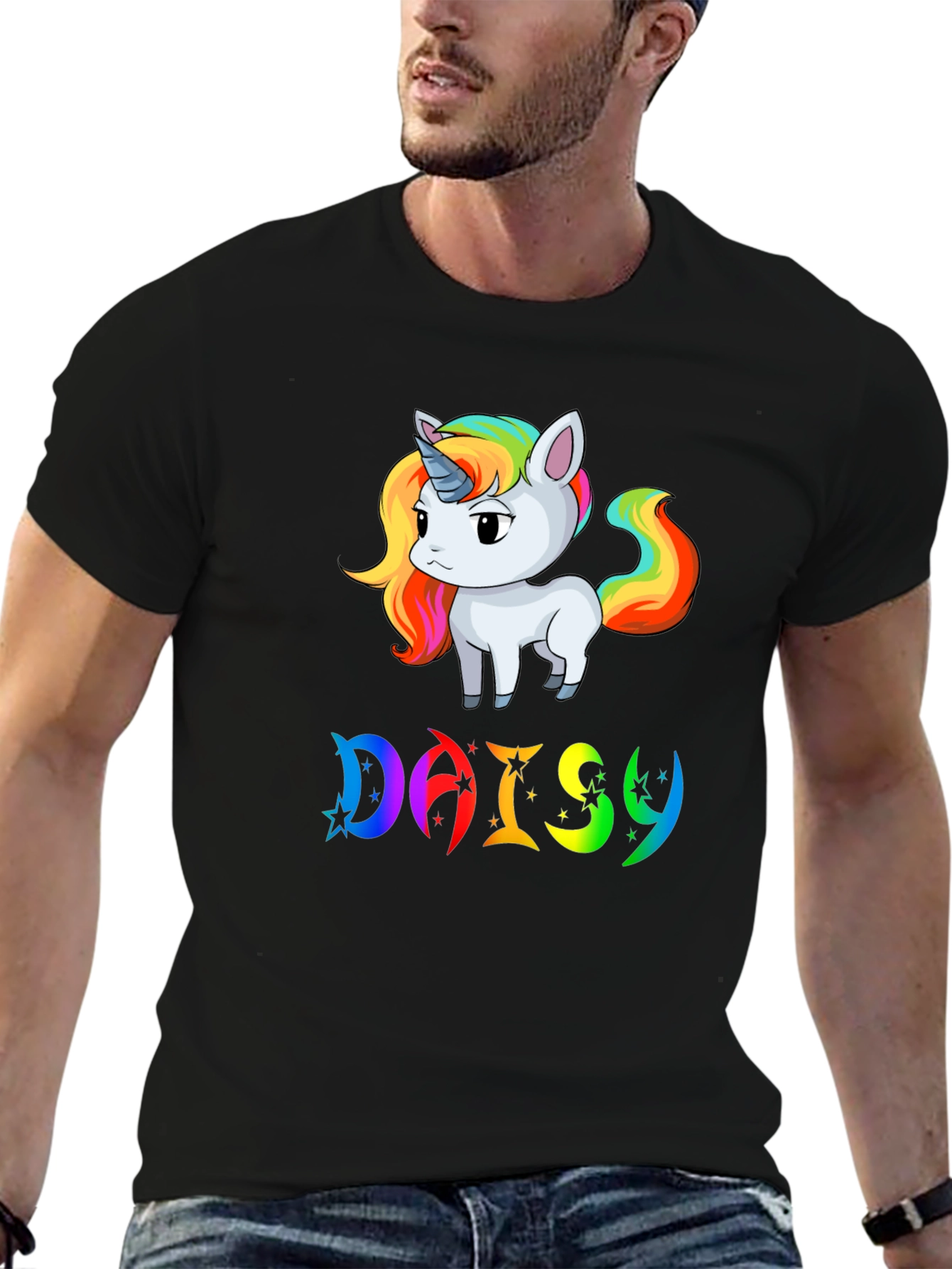 Unicorn Daisy Personalized Black T-Shirt