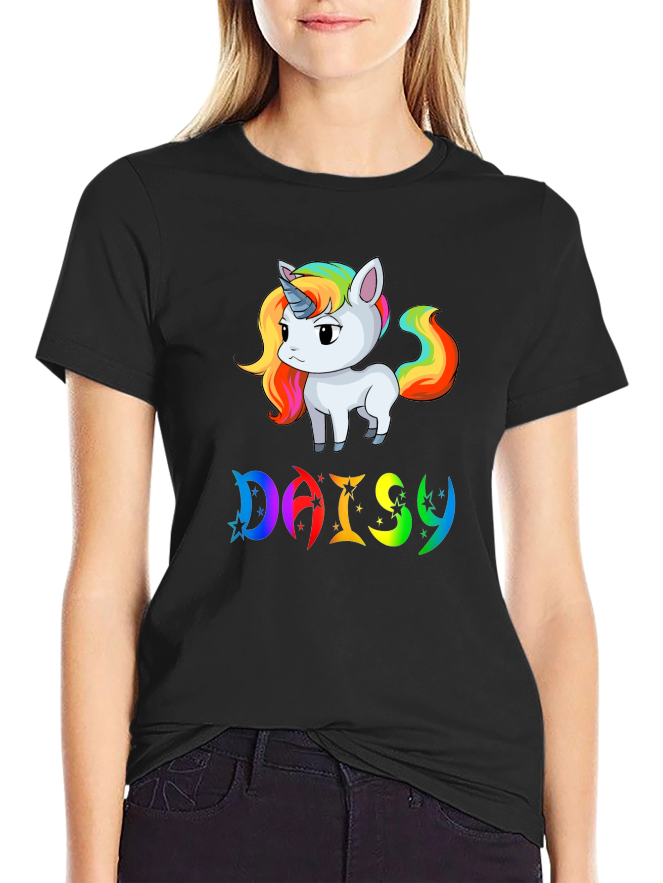 Unicorn Daisy Personalized Black T-Shirt