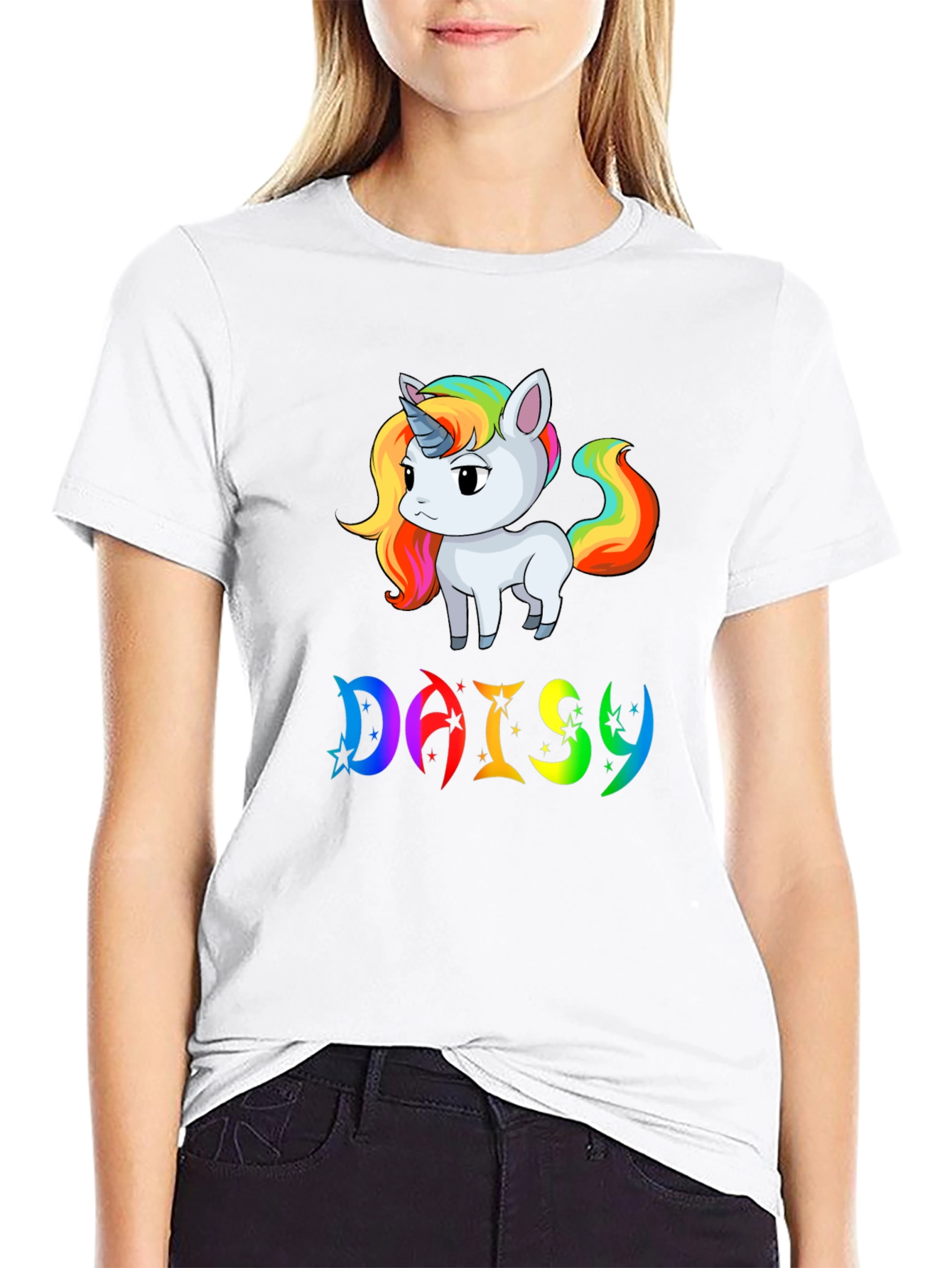 Unicorn Daisy Personalized Black T-Shirt