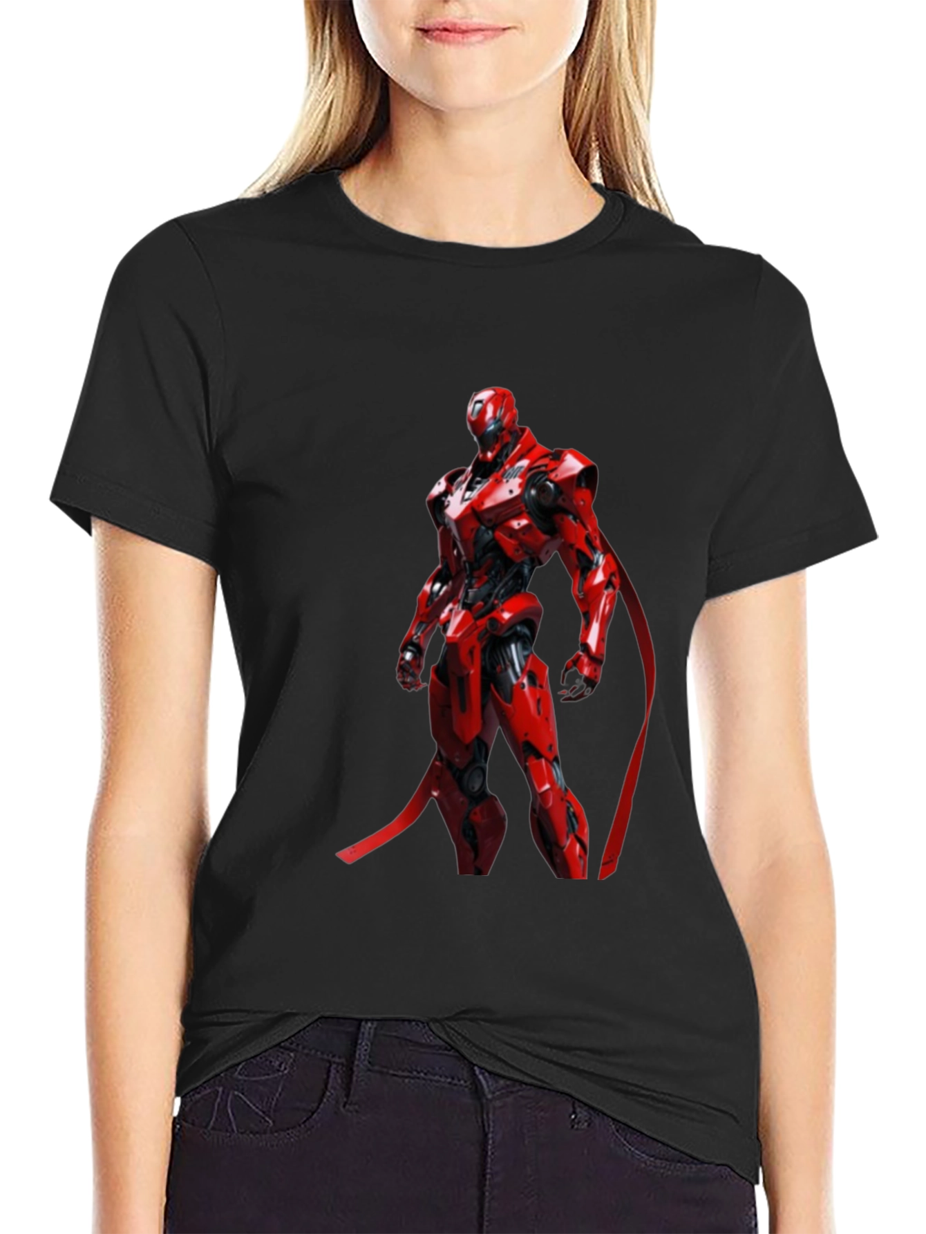 Red Robot Graphic Print Black T-Shirt