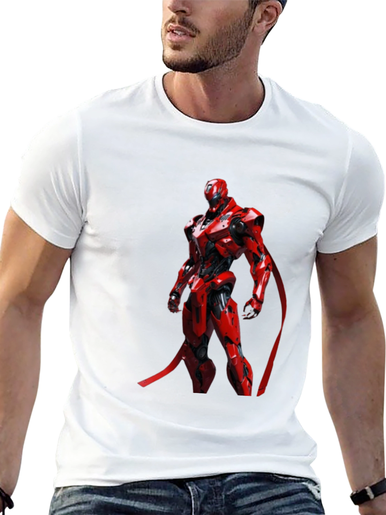 Red Robot Graphic Print Black T-Shirt