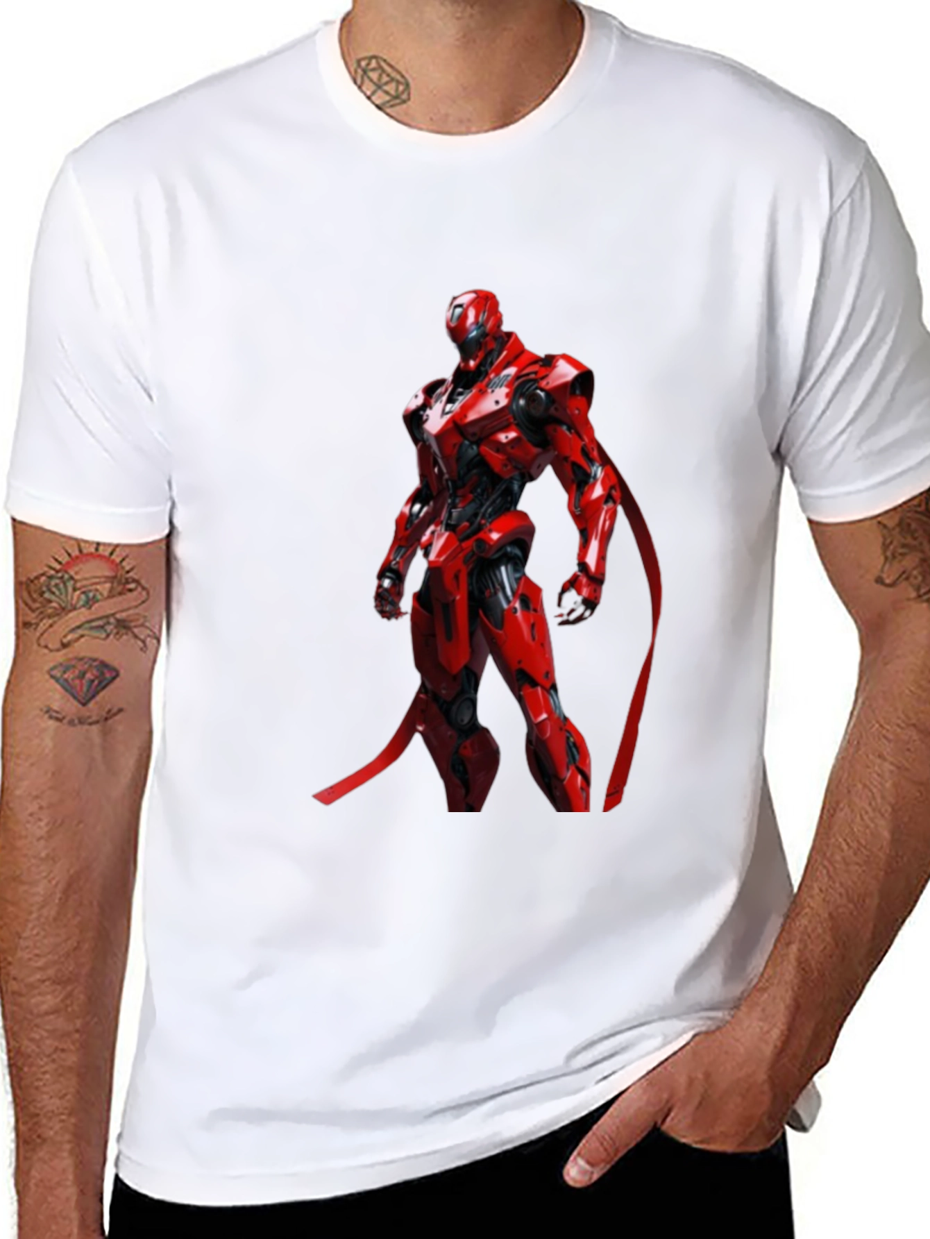 Red Robot Graphic Print Black T-Shirt