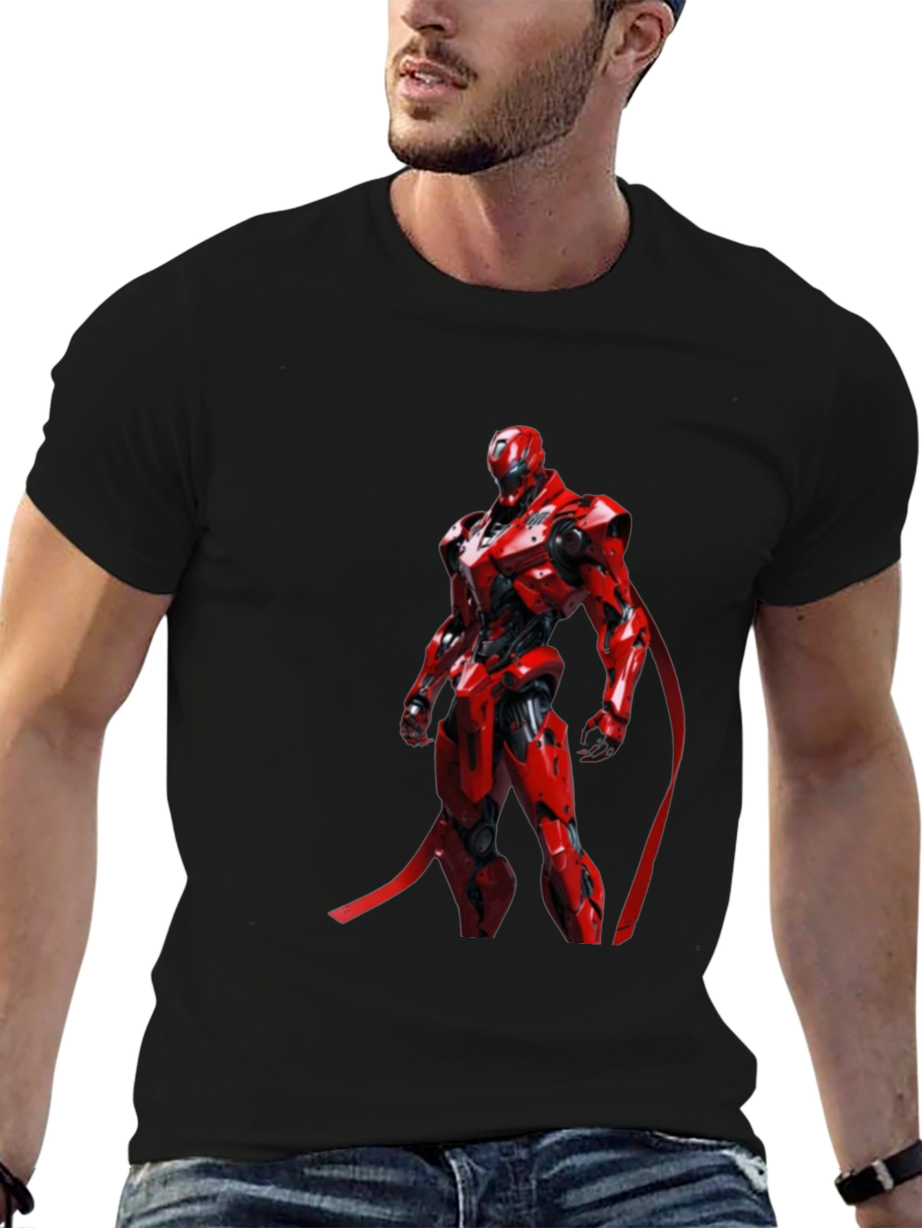 Red Robot Graphic Print Black T-Shirt