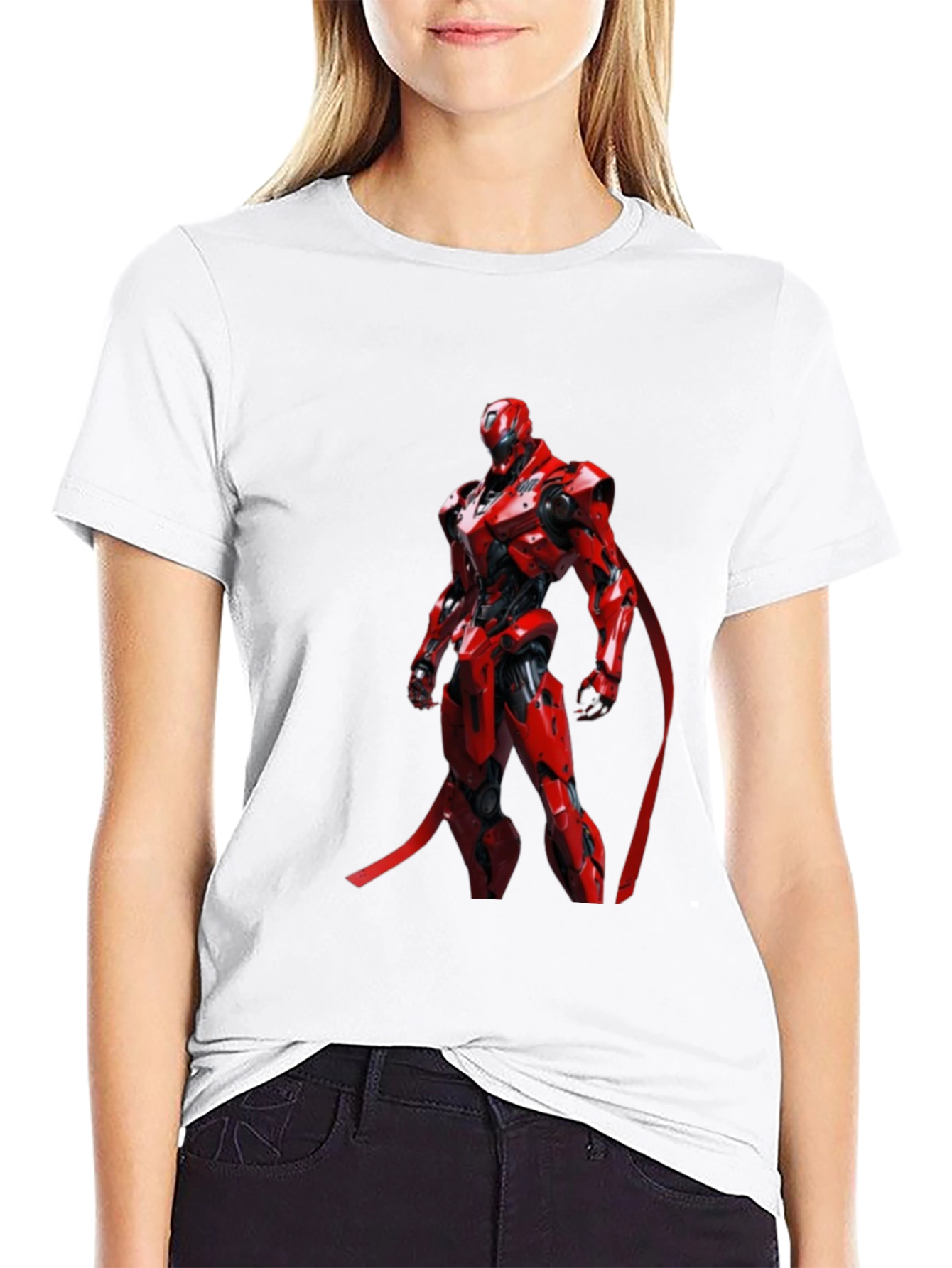 Red Robot Graphic Print Black T-Shirt